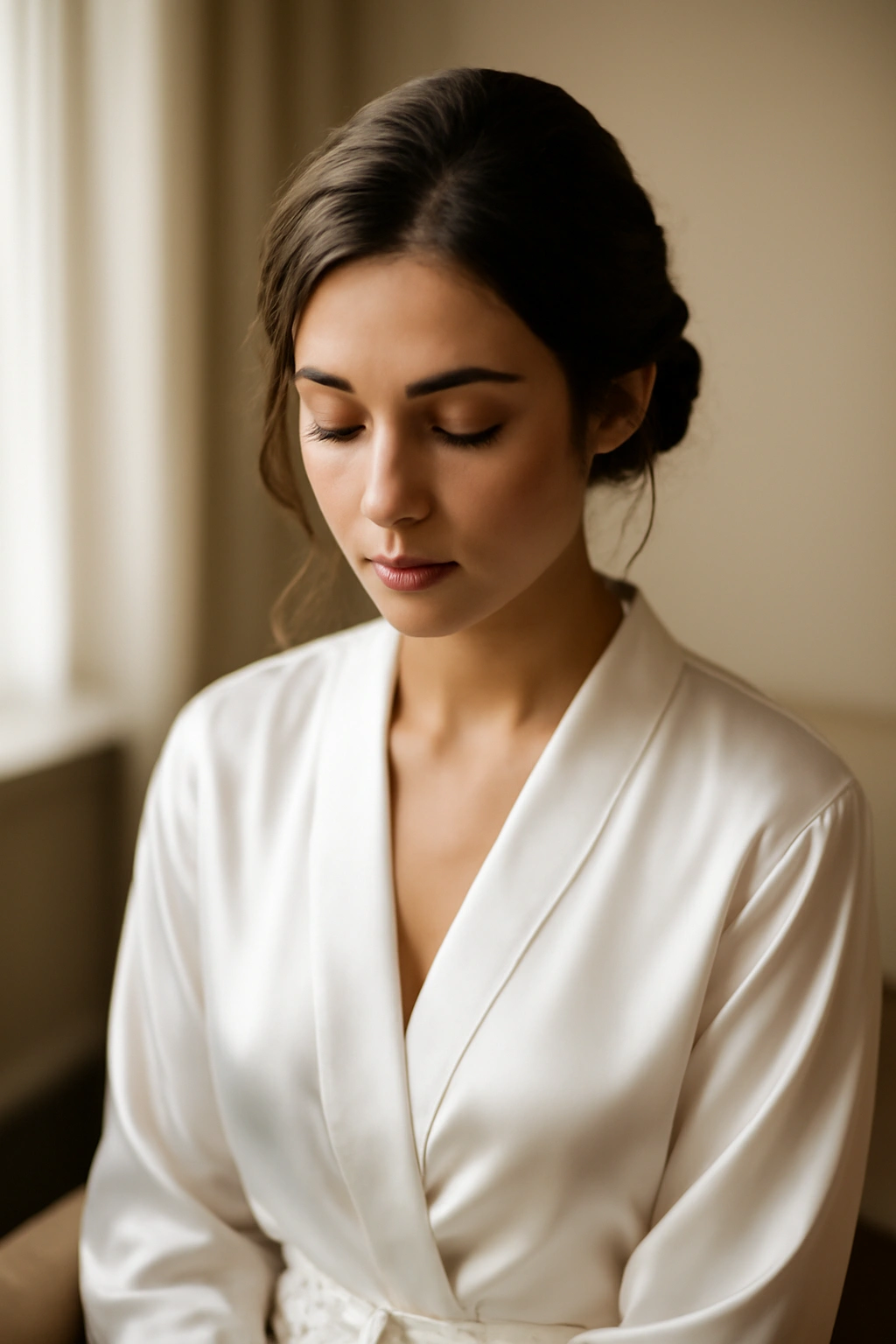 18 Wedding Styles From Polished Updos to Soft Waves 19 Close-up of a bride in a silky robe seated in a softly lit dressing room, contemplating her wedding hairstyle