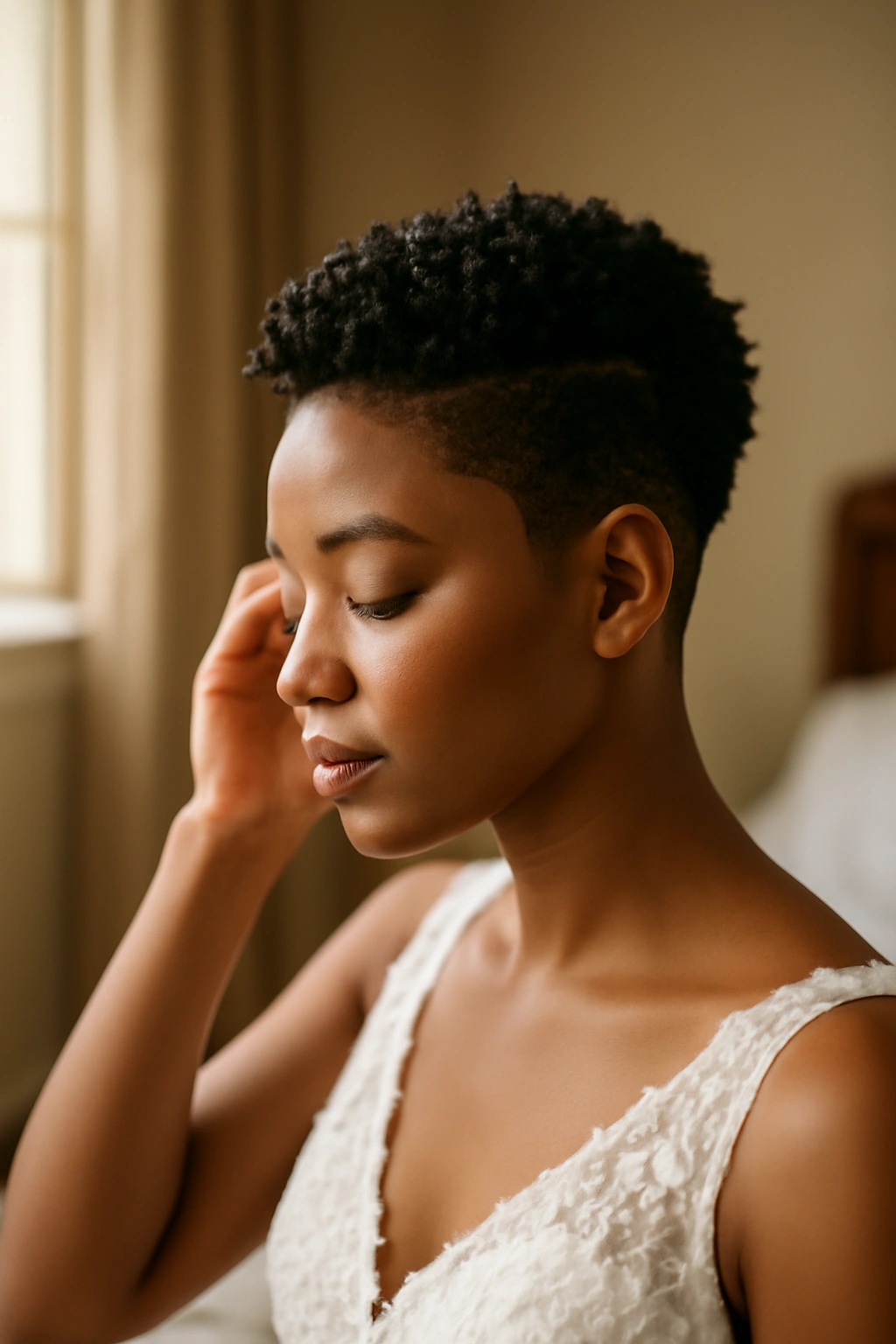 10 Short Hair Wedding Styles Black Brides Will Love 11 Serene bridal moment reflecting on hairstyle decisions.