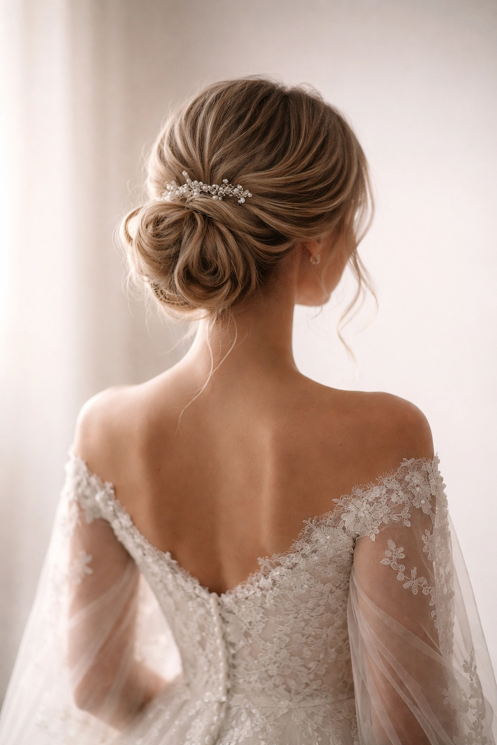 Back-facing bridal silhouette with an elegant updo in a soft studio setting