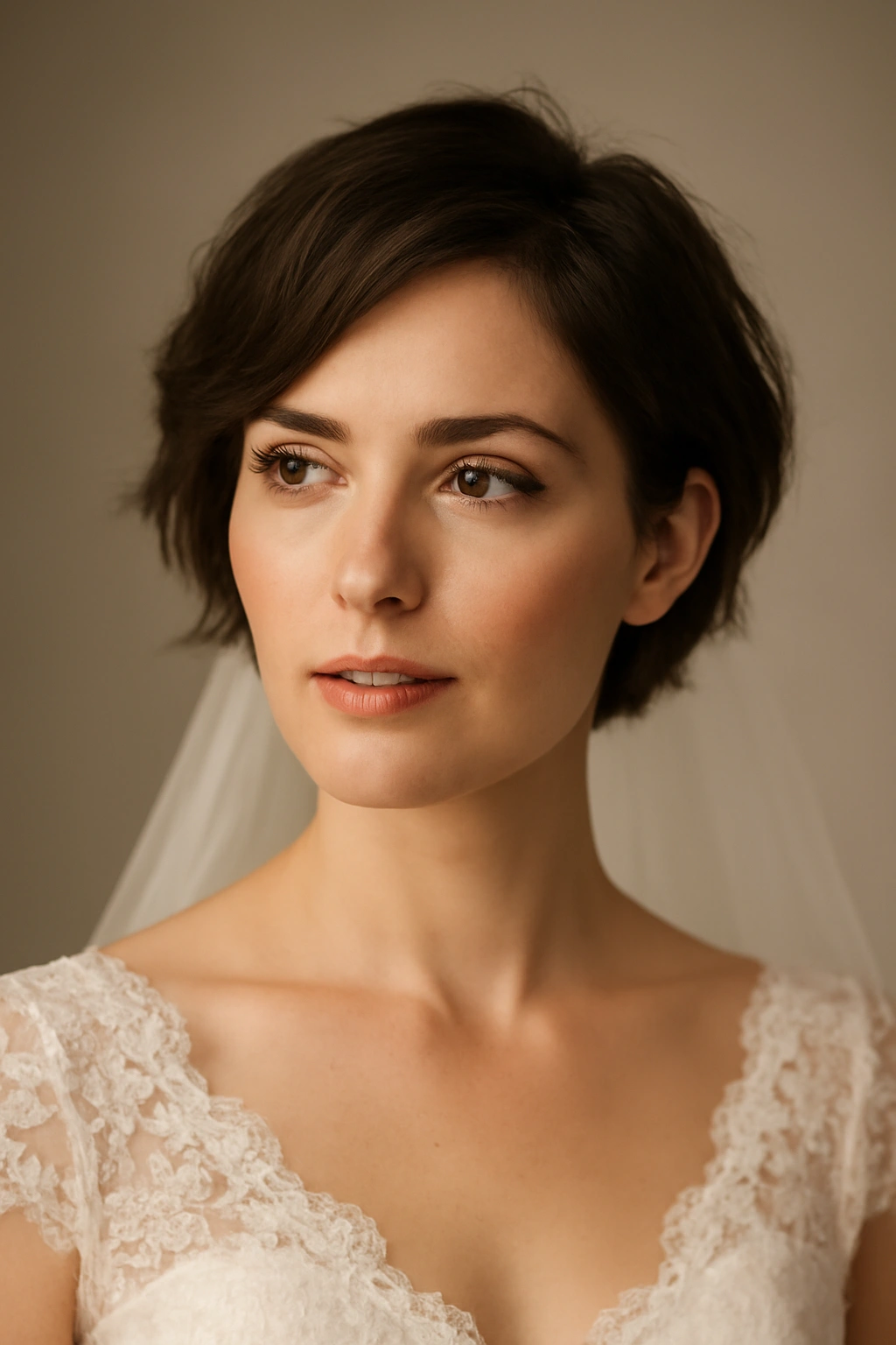 10 Short Bridal Hairstyles That Photograph Beautifully 11 Bridal portrait showing confident expression and short hairstyle.