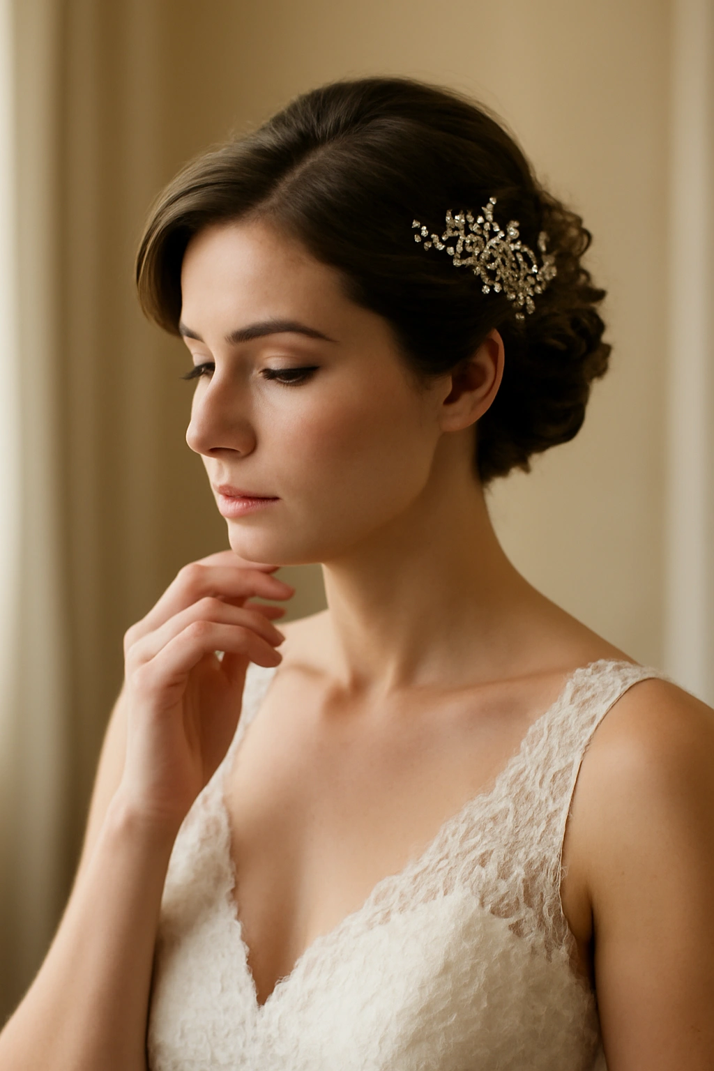 10 Wedding Hairstyles Short-Haired Brides Will Love 11 Bridal portrait conveying thoughtful reflection on hairstyle choices