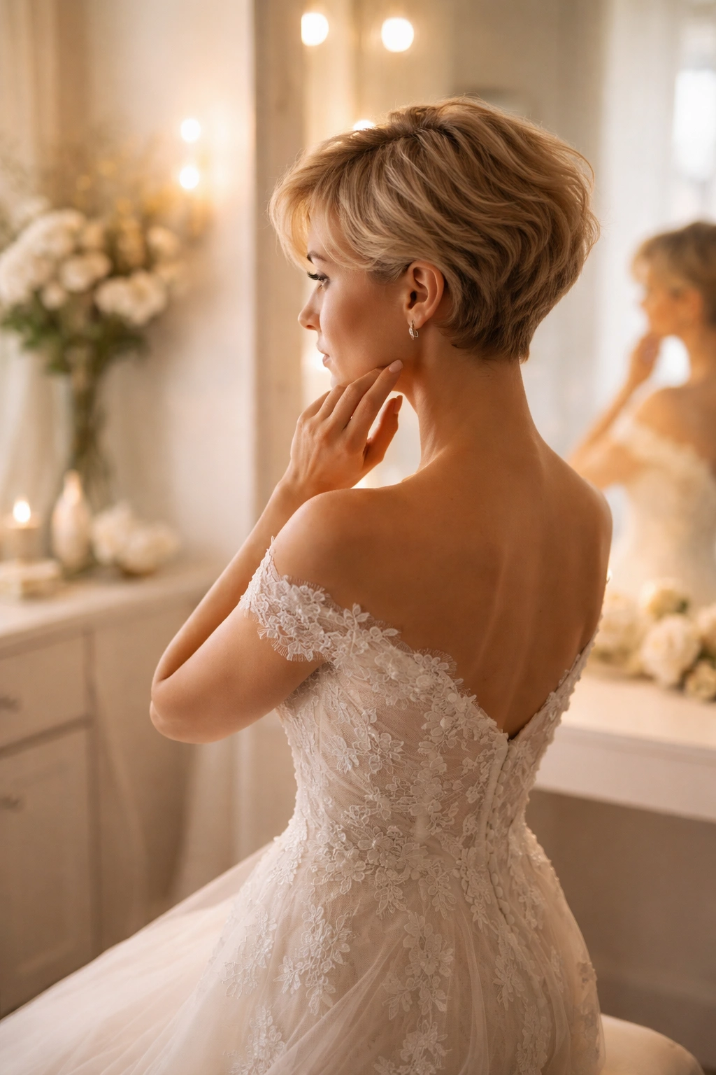 Contemplative bridal scene reflecting on wedding hair
