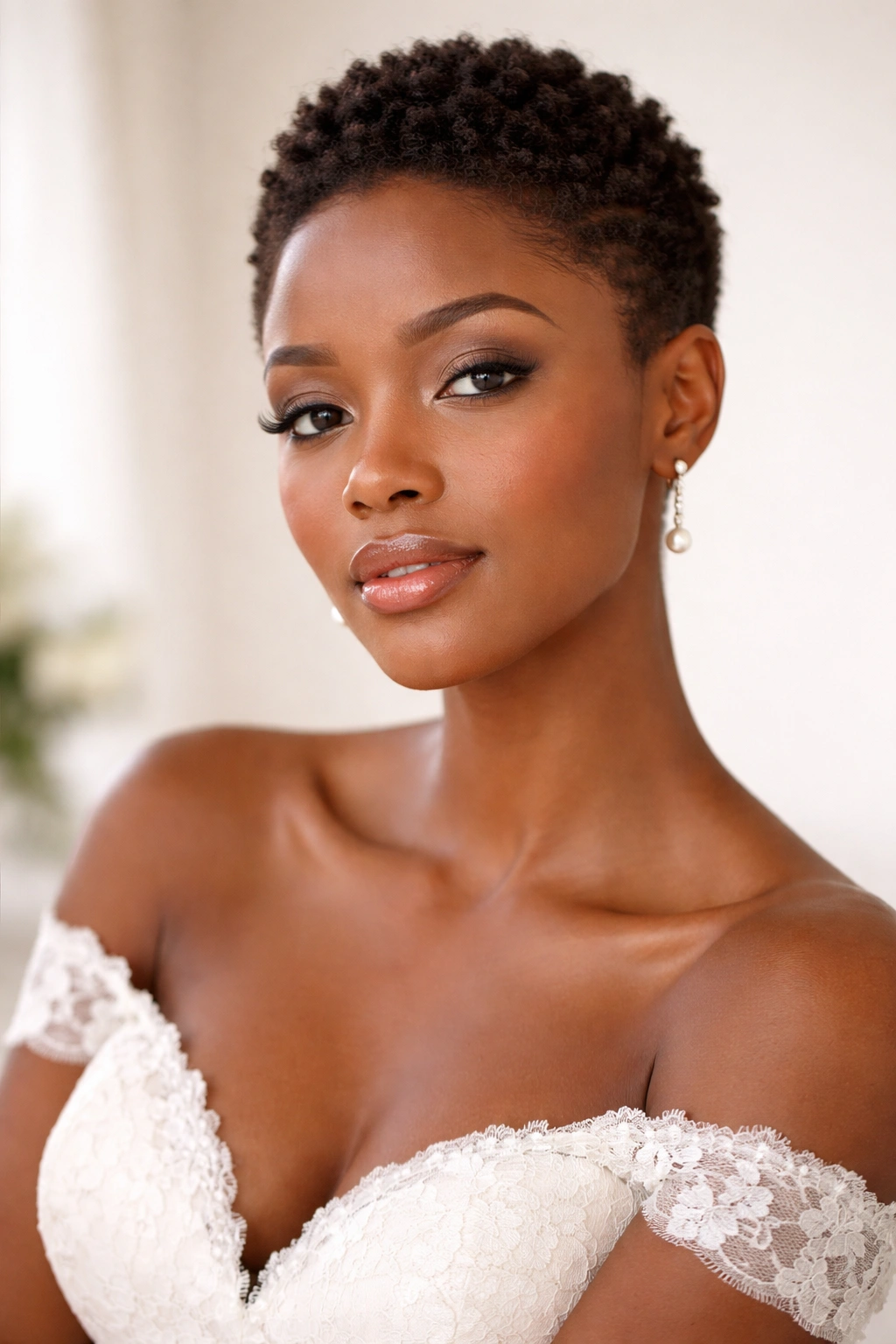 Calm bridal portrait with short hair and natural texture