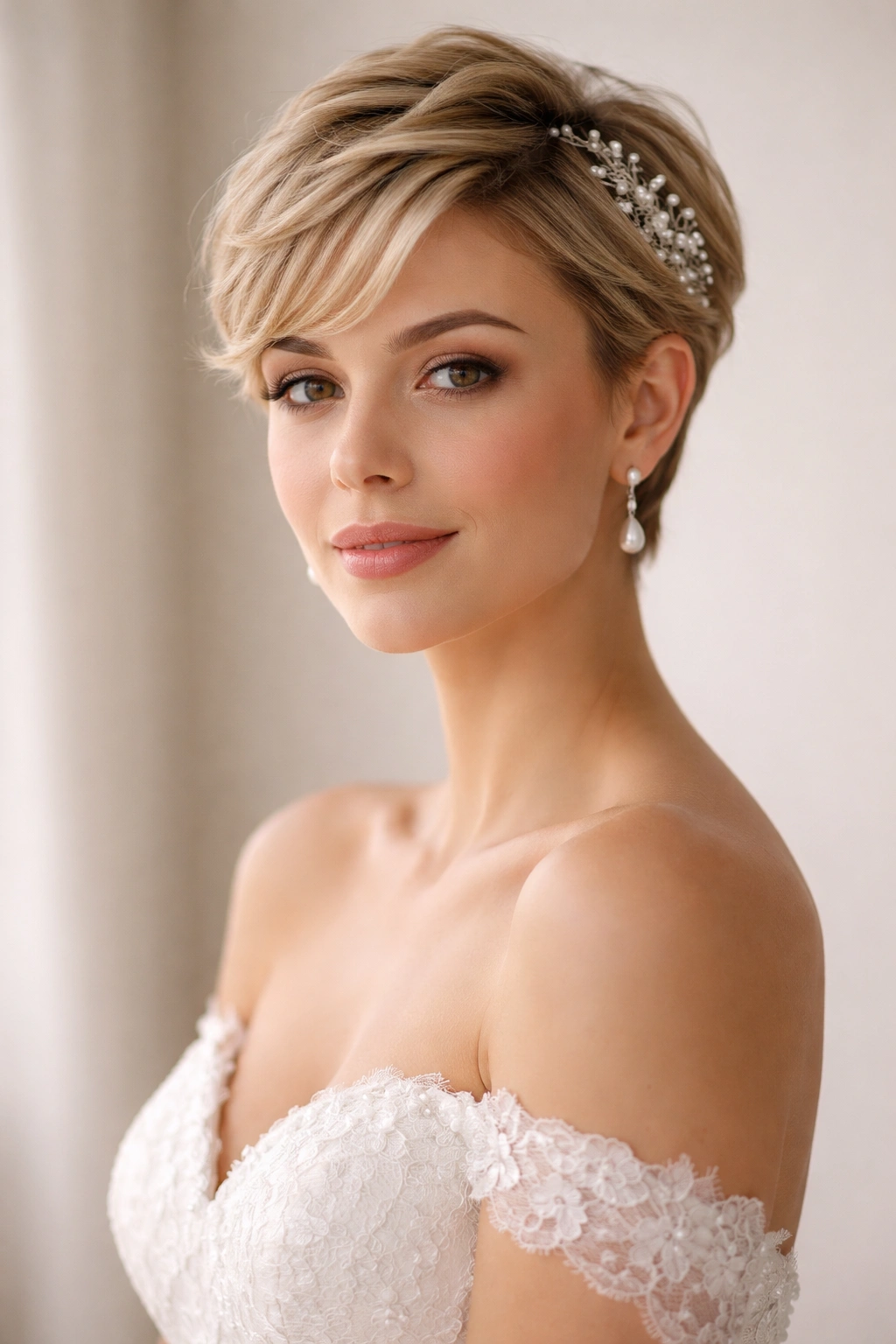 Portrait of a bride with short hair, calm and confident