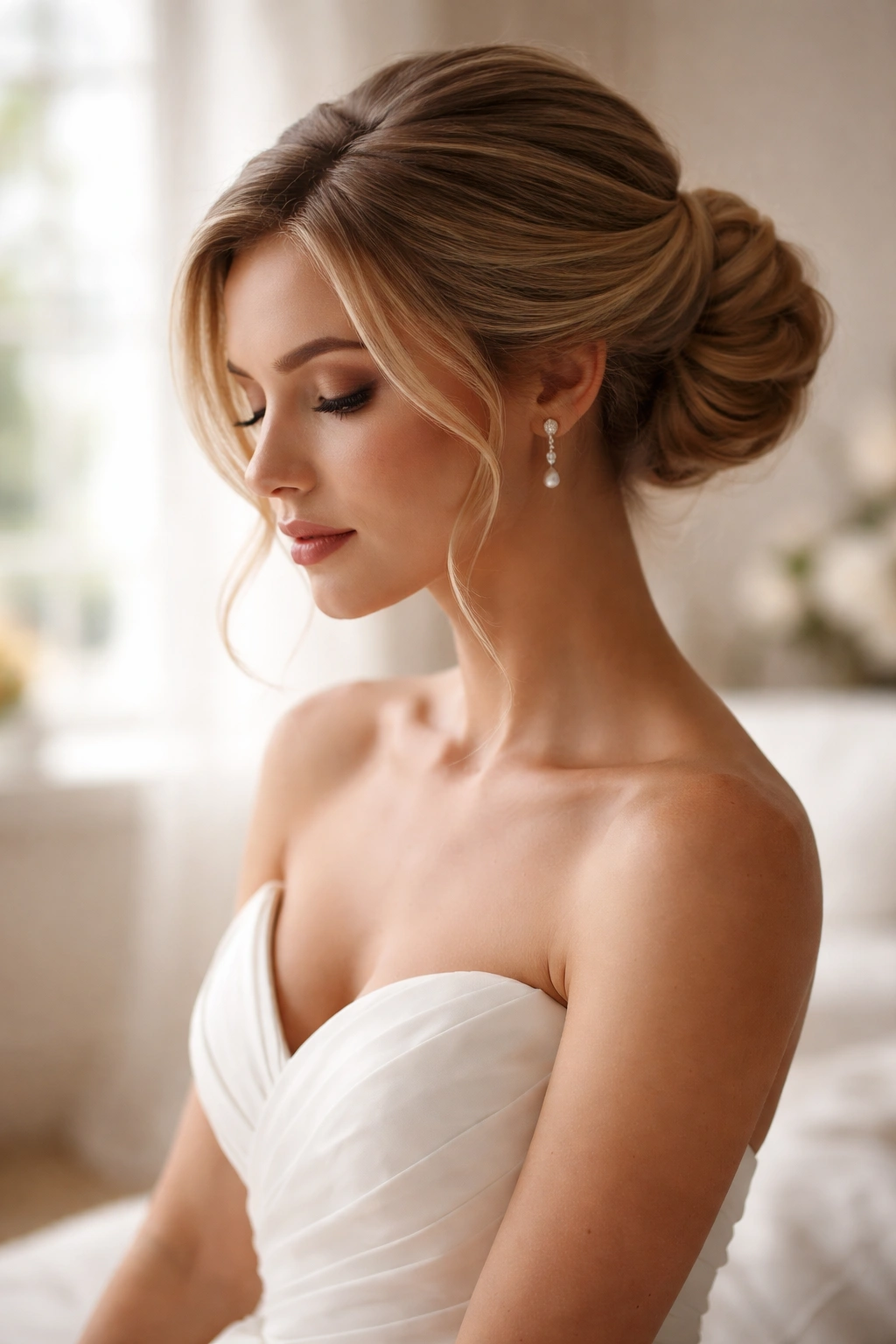 Close-up of a bride with an elegant updo and contemplative expression in a softly lit bridal suite