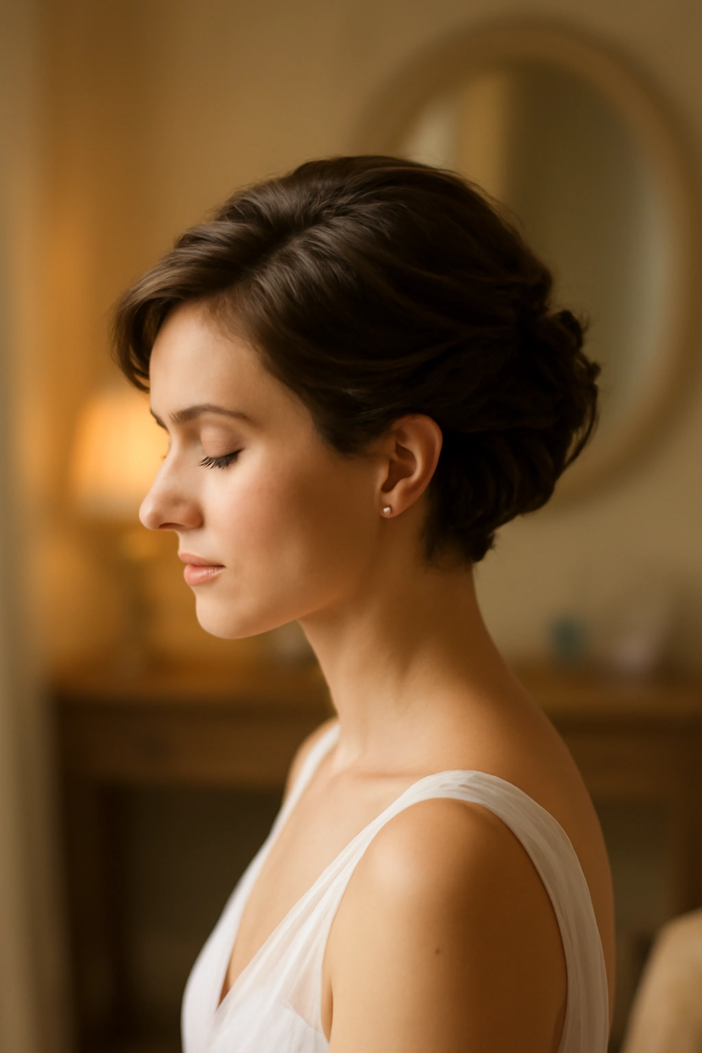 12 Bridal Updos Every Short-Haired Bride Should Try 13 Serene short-haired bride with elegant updo in softly lit dressing room
