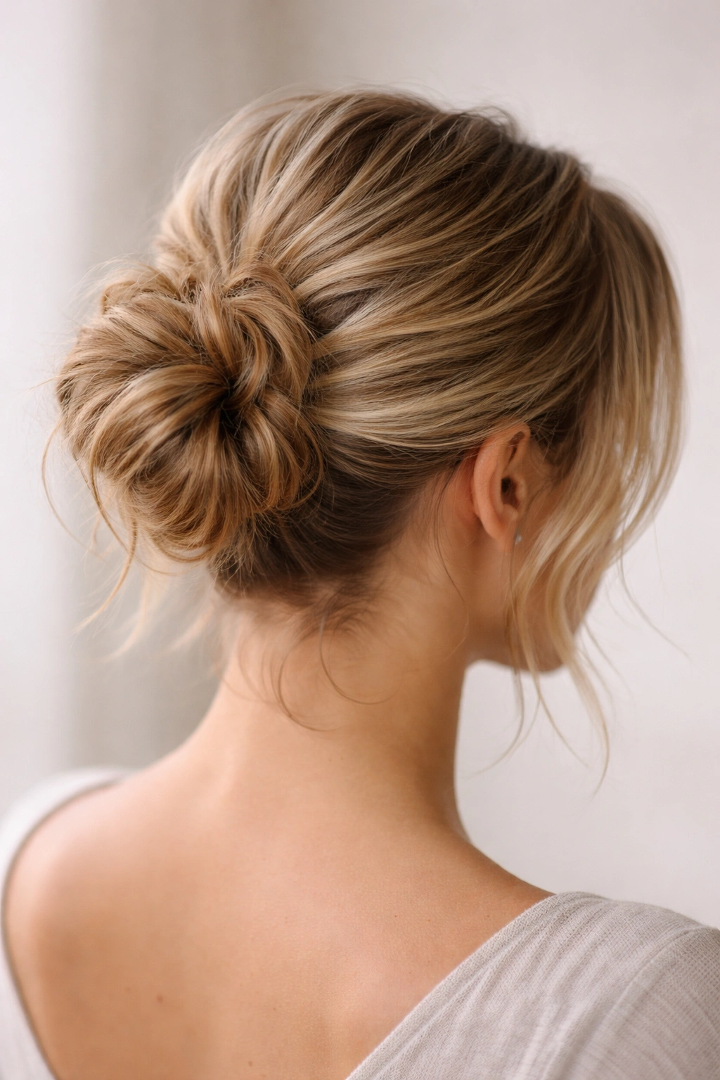 Close-up of a refined messy bun on short hair in soft studio light