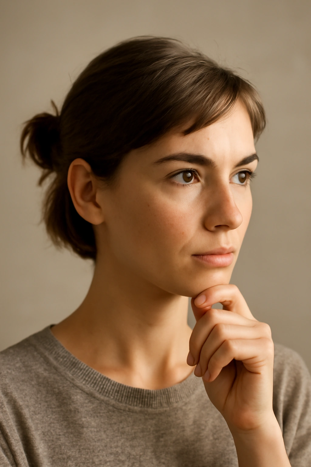 10 Cute Bun Styles for Short Hair That Hold Up Well 11 Thoughtful portrait with a simple bun showing confidence in short-hair styling