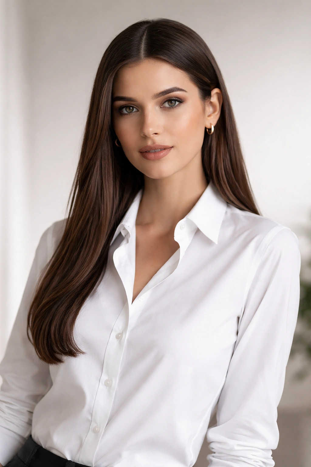 Portrait of a person in a button-down shirt with a center-parted straight hairstyle