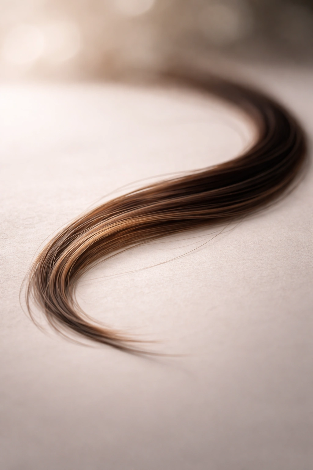Single hair strand on a soft matte surface representing final thoughts on hair color correction