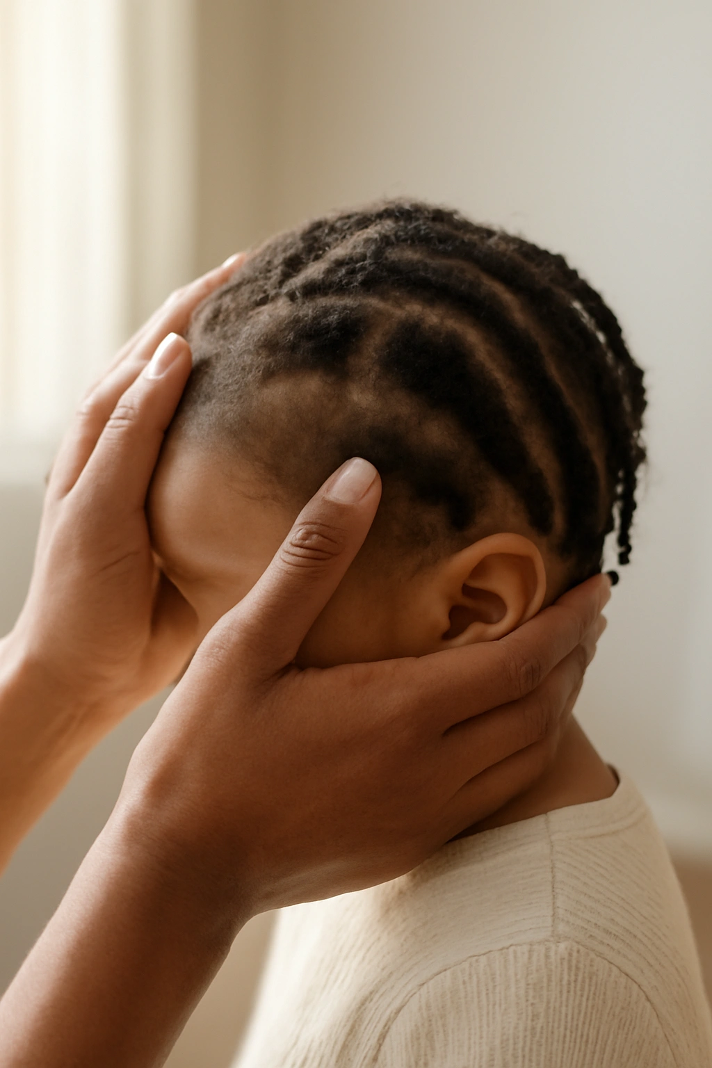 15 Adorable Natural Hair Braids for Toddlers 16 Caregiver hands cradling toddler's head in a calm, sunlit room