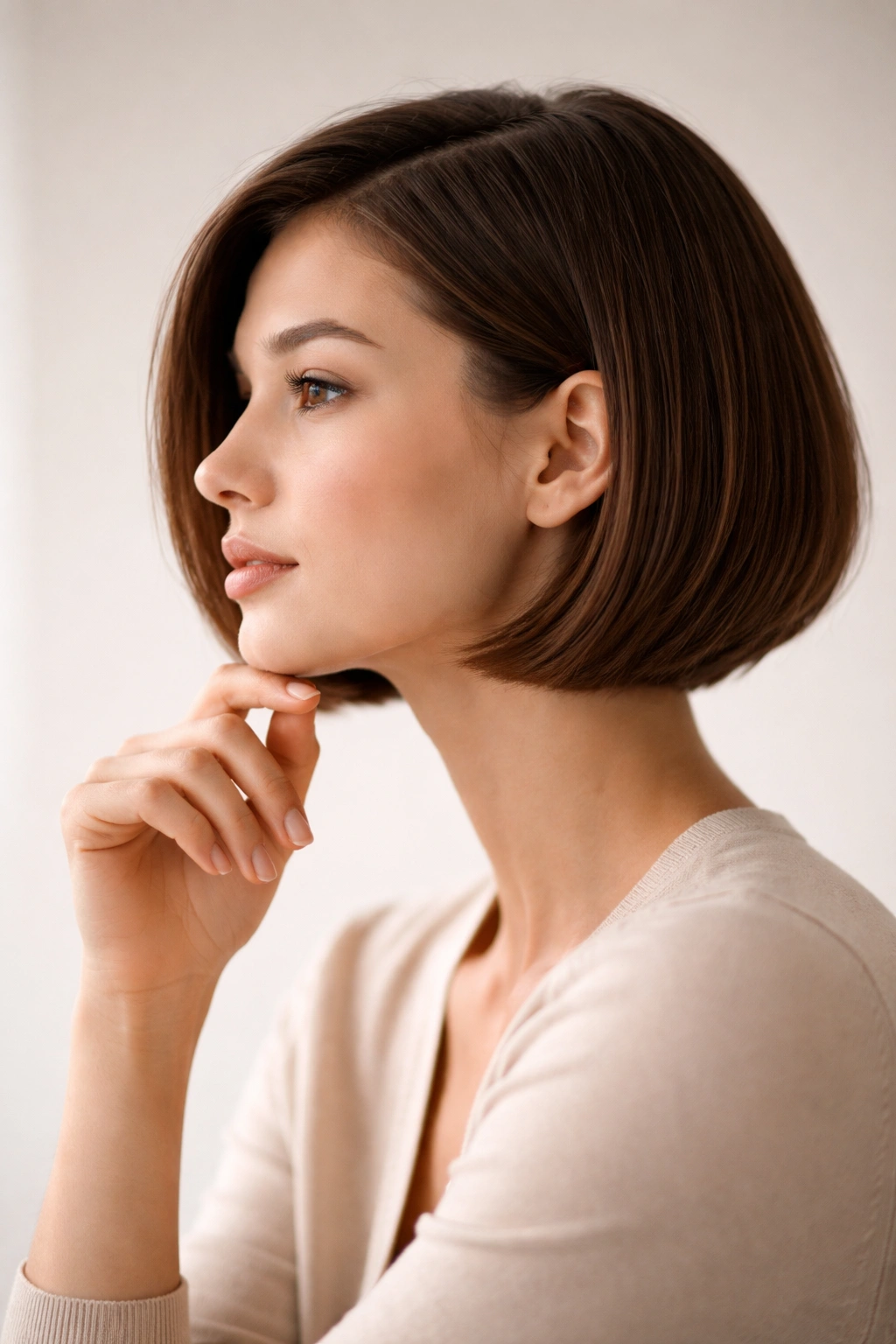 Single person with chin-length bob in thoughtful pose against neutral background