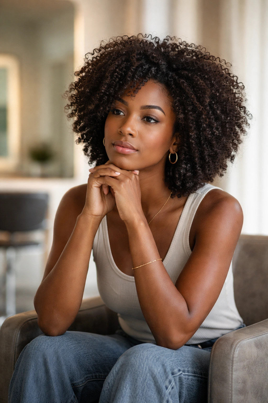 12 Haircuts For Coily Hair That Hold Their Shape 13 Contemplative person in a salon chair under soft lighting, symbolizing final thoughts on coily hair cuts