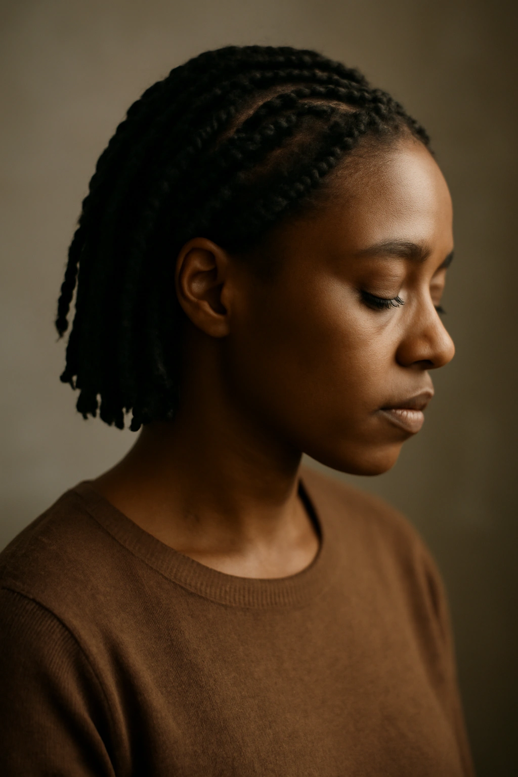 15 Short Braids for Natural Hair You Need to See 16 Contemplative portrait of a person with braided hair in a soft studio