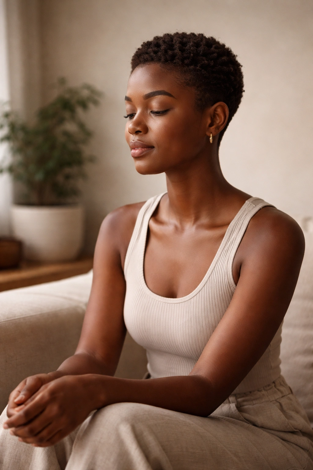 Solitary person with short natural hair in contemplative pose, warm lighting