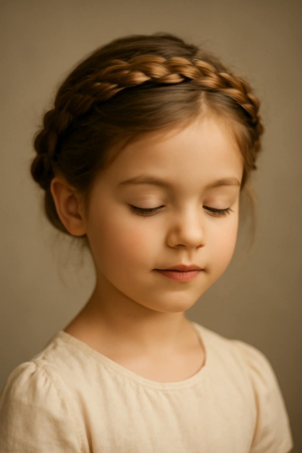 10 Braided Crown Hairstyles Every Flower Girl Needs 11 Serene flower girl with finished braided crown and calm expression