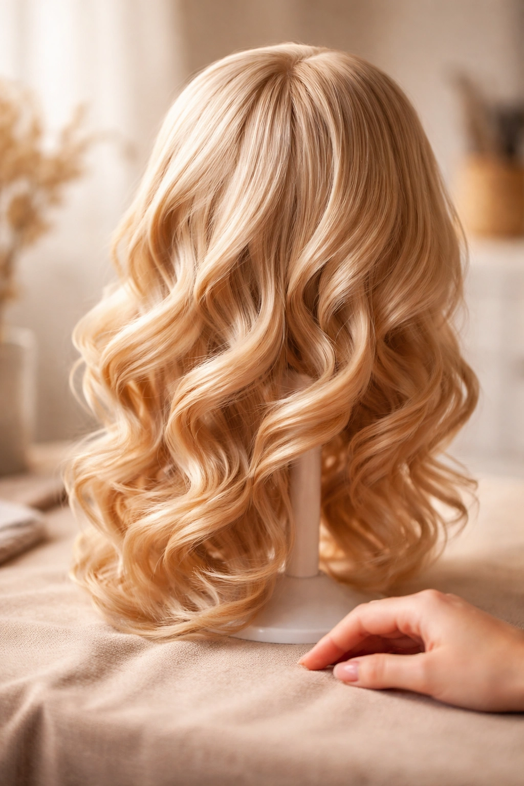 Serene close-up of curled synthetic wig on a stand with a calm hand nearby