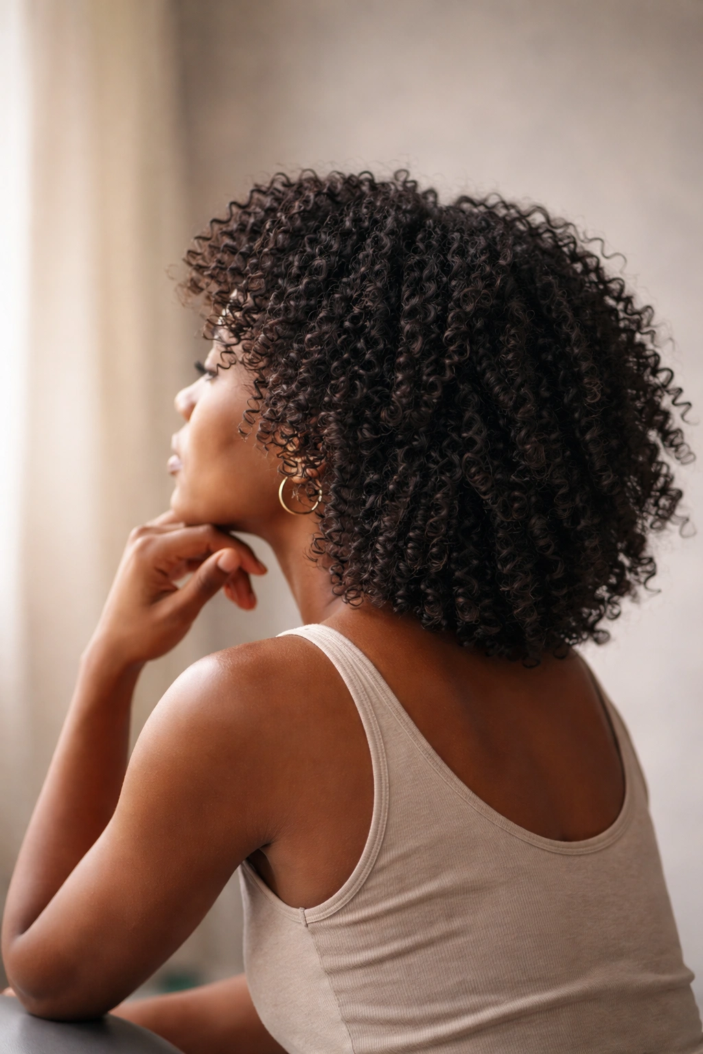 Silhouette of a person with tight curls in a thoughtful pose against a soft gradient backdrop