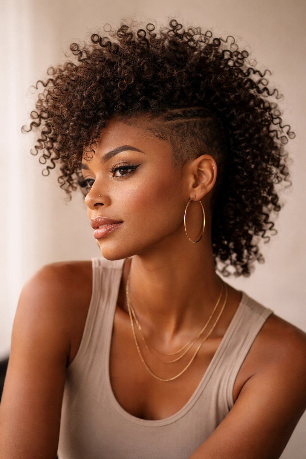 Contemplative portrait of a person with a curly mohawk, highlighting hair texture and volume