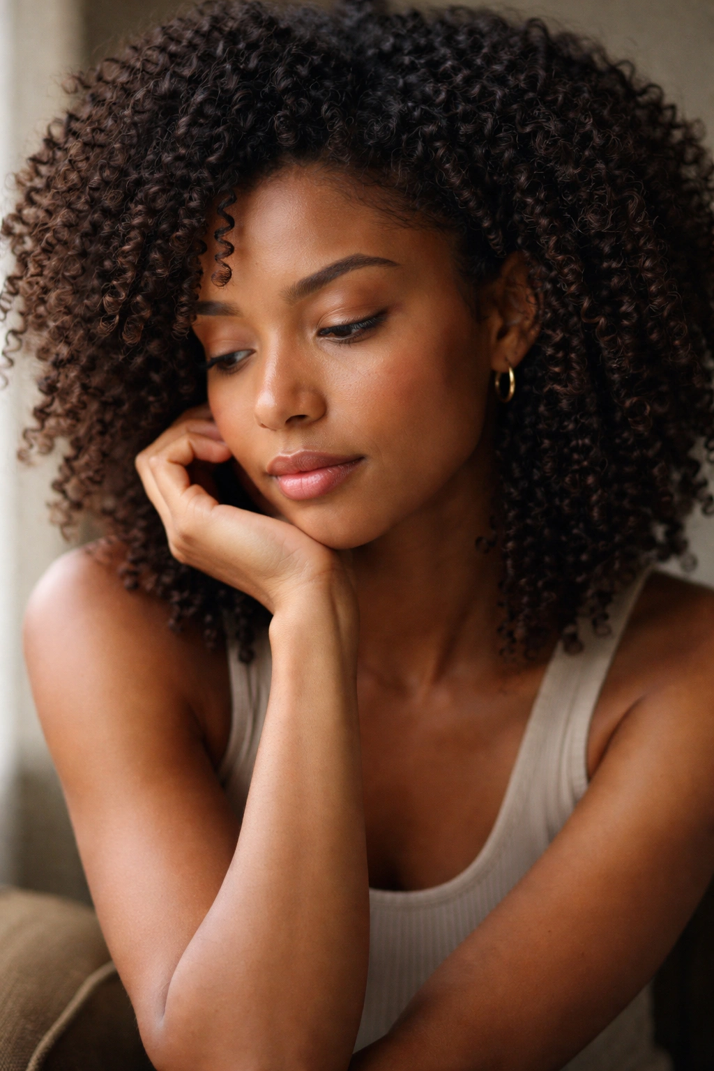 10 Hairstyles For Tight Curls At Every Length 11 Contemplative portrait of a person with tight curls