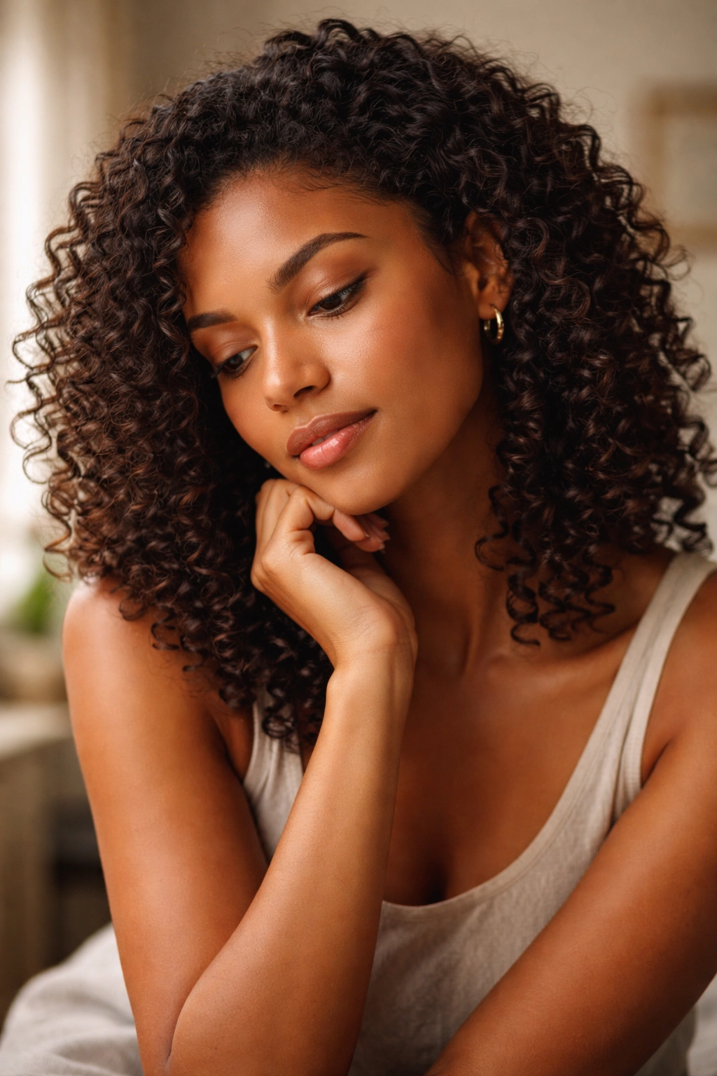 10 Easy Curly Hairstyles You Can Wear Every Day 11 Contemplative person with natural curly hair in a simple studio setting