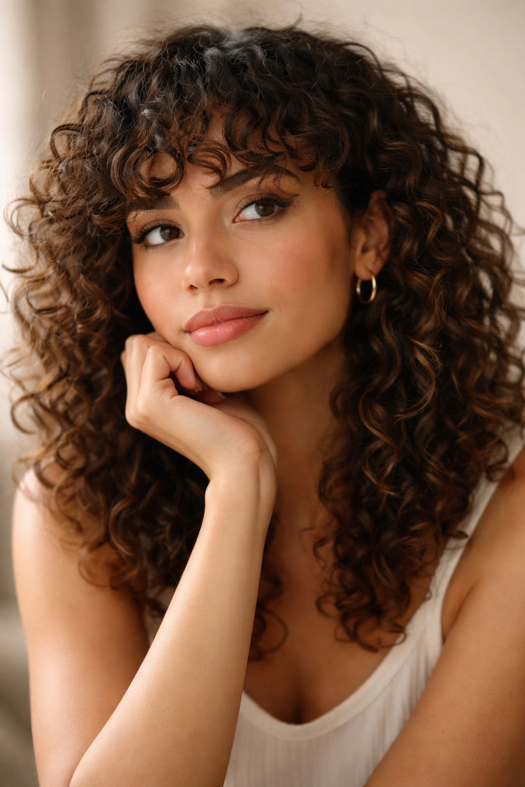 18 Gorgeous Ways To Wear Bangs With Curly Hair 19 Close-up portrait of a person with curly hair and bangs in a thoughtful pose with soft studio lighting