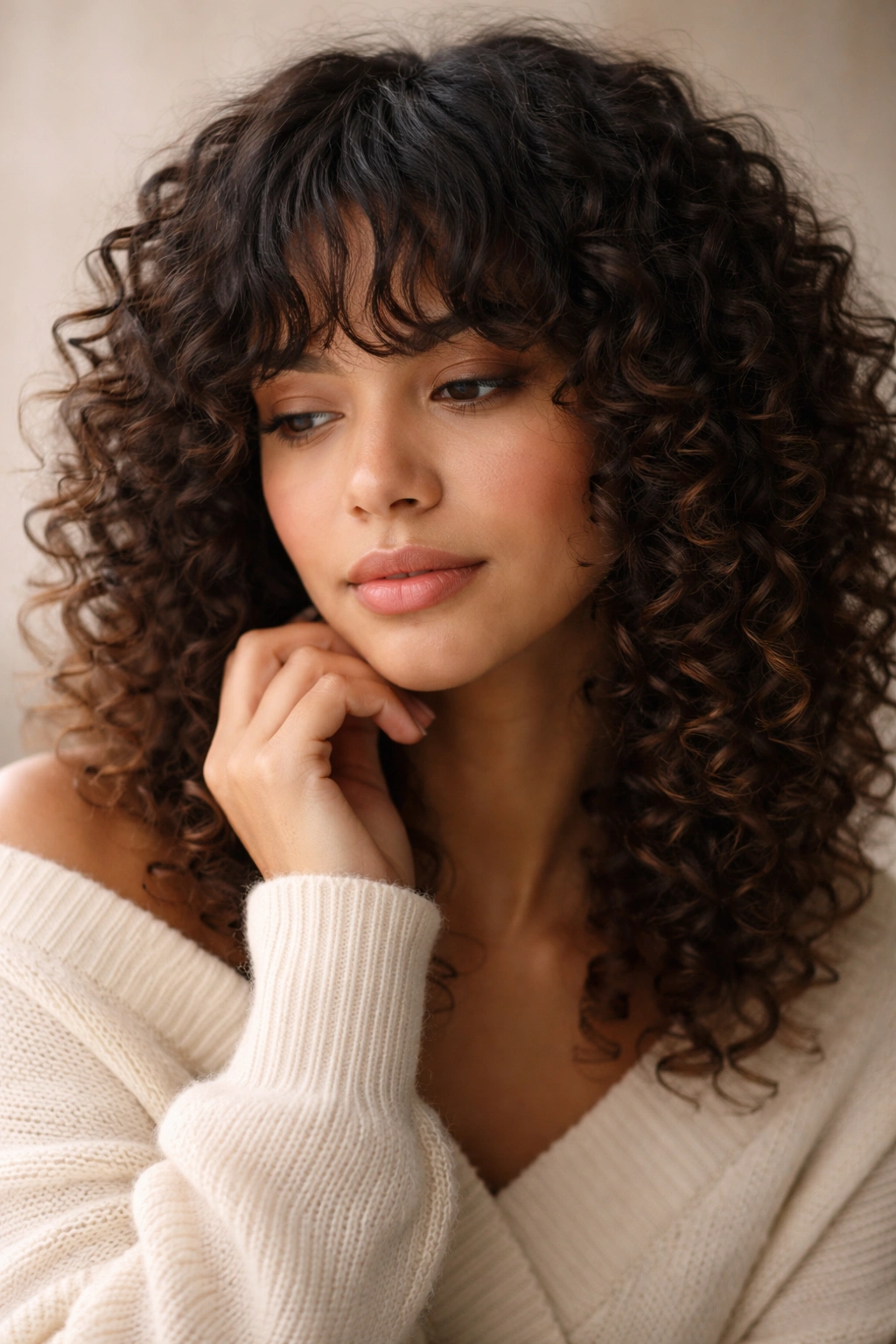 Contemplative portrait of a person with curly hair and bangs in a neutral studio setting