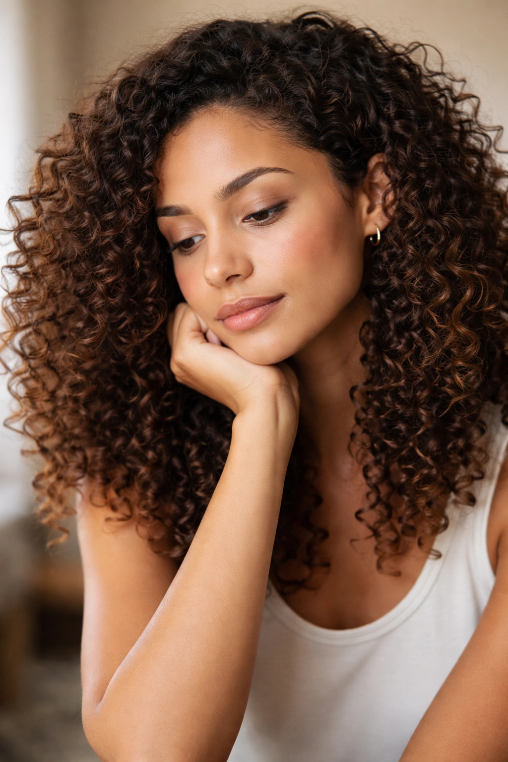20 Curly Haircuts Broken Down By Curl Type 21 Thoughtful portrait of a person with curly hair in a calm studio