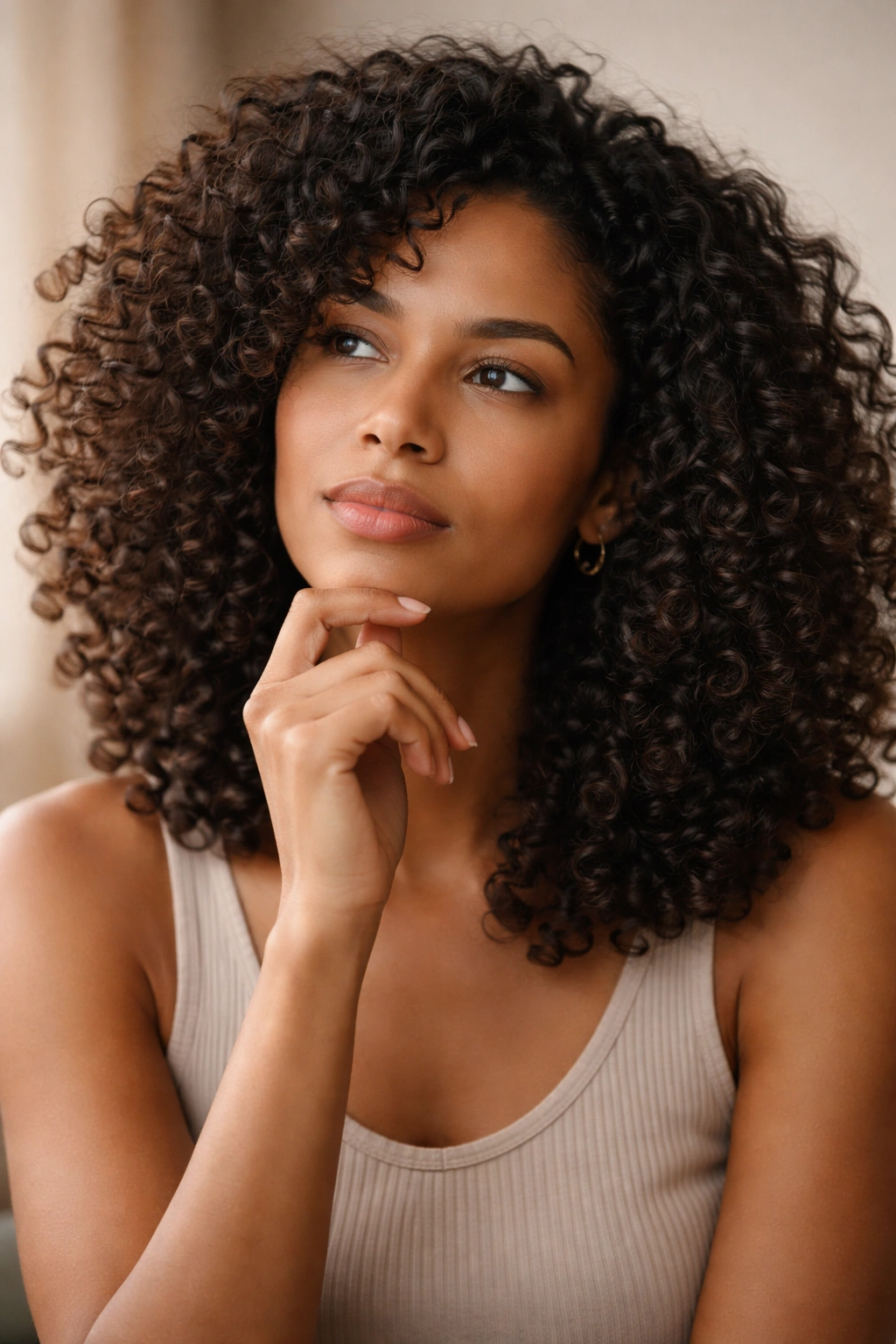 Contemplative silhouette thinking about haircuts for thick curls in studio lighting