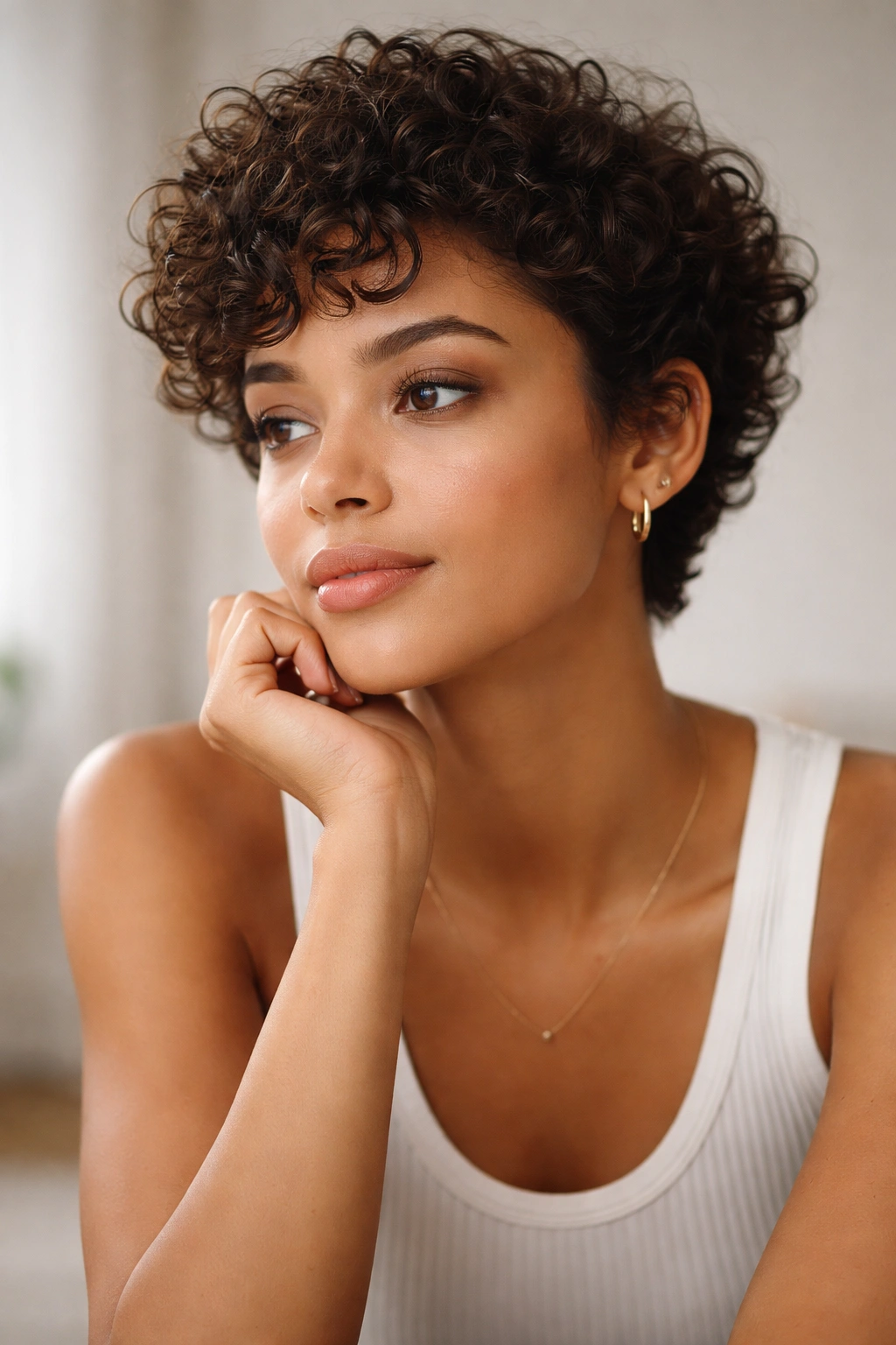Thoughtful portrait of a person with short curly hair in a neutral studio