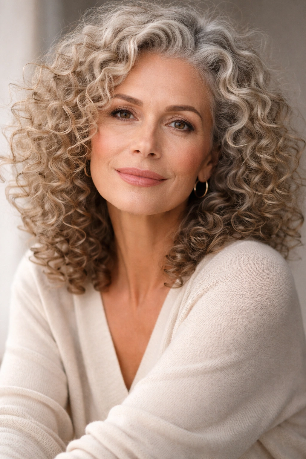 Close-up portrait of a confident woman over 50 with curly hair, reflecting on embracing curls