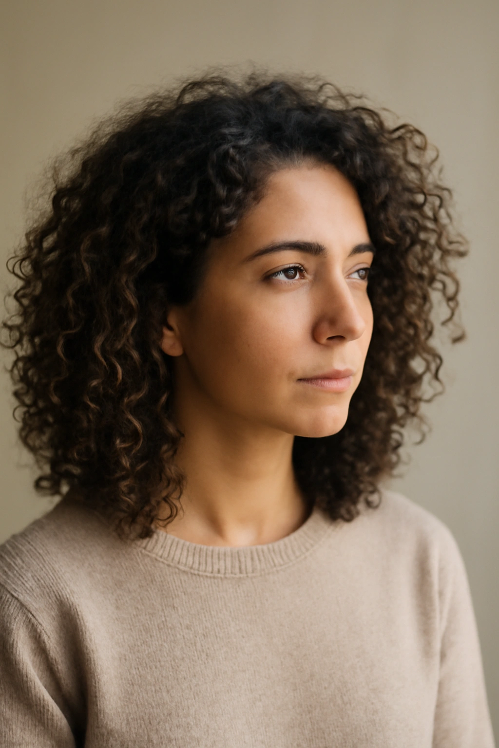 Contemplative portrait of a person with curly hair