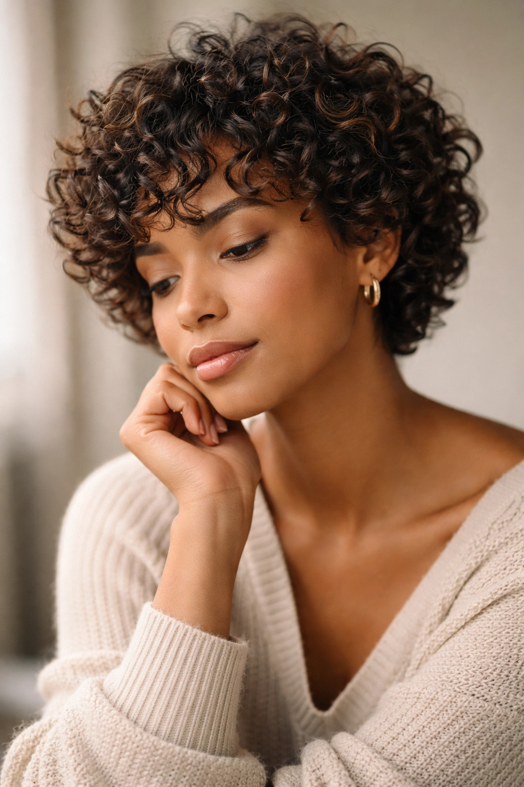 10 Curly Layered Short Cuts With Tons Of Bounce 11 Contemplative portrait of a person with curly short hair.
