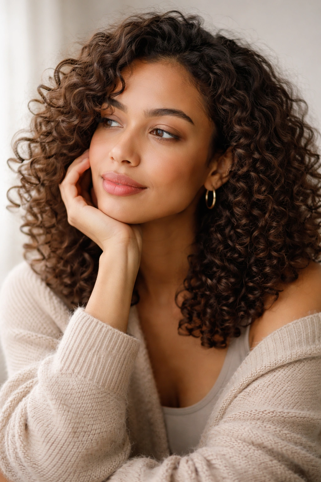 Contemplative portrait of a curly-haired person reflecting on hairstyles