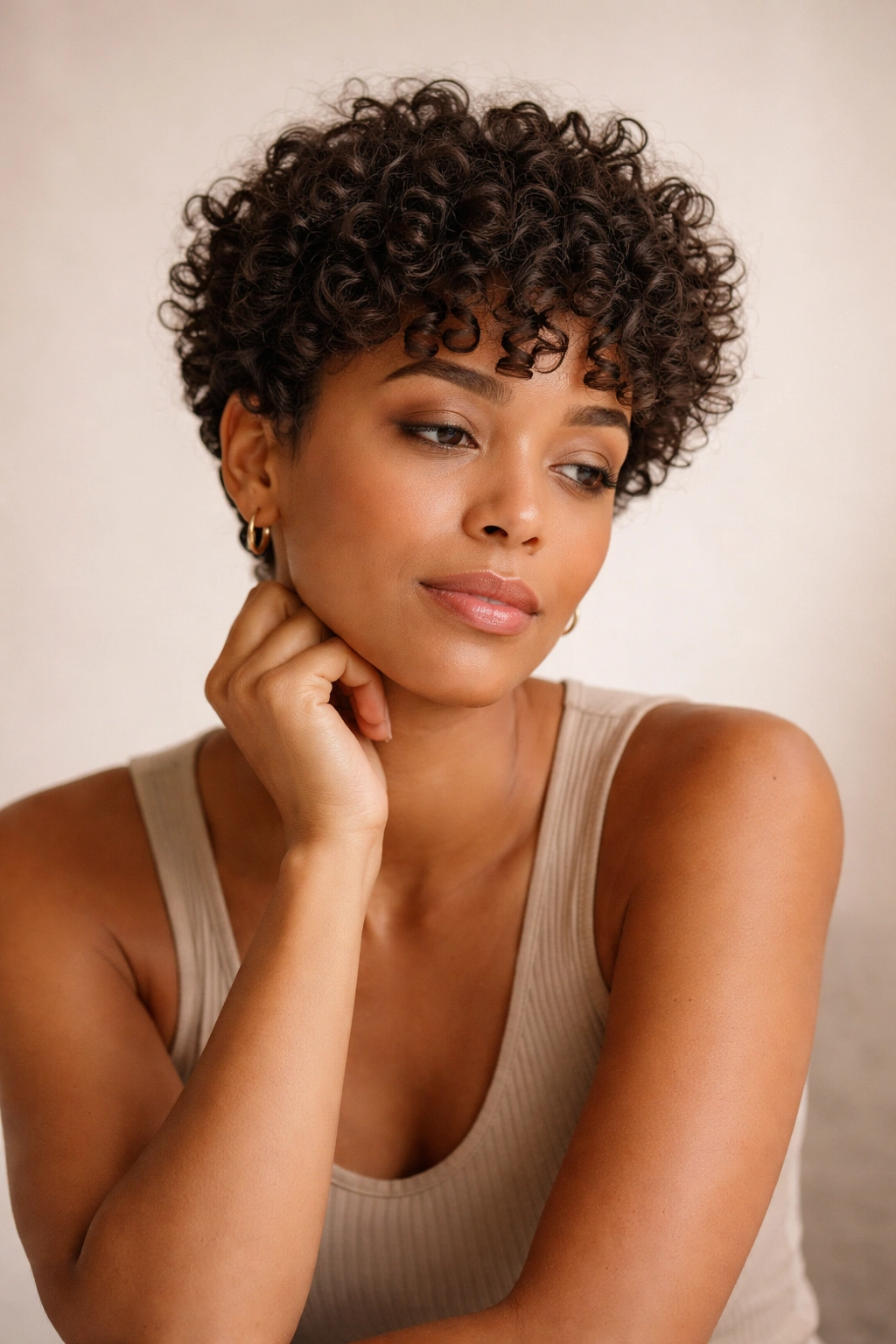 Single person with short curly hair sits in a minimal studio with soft lighting.