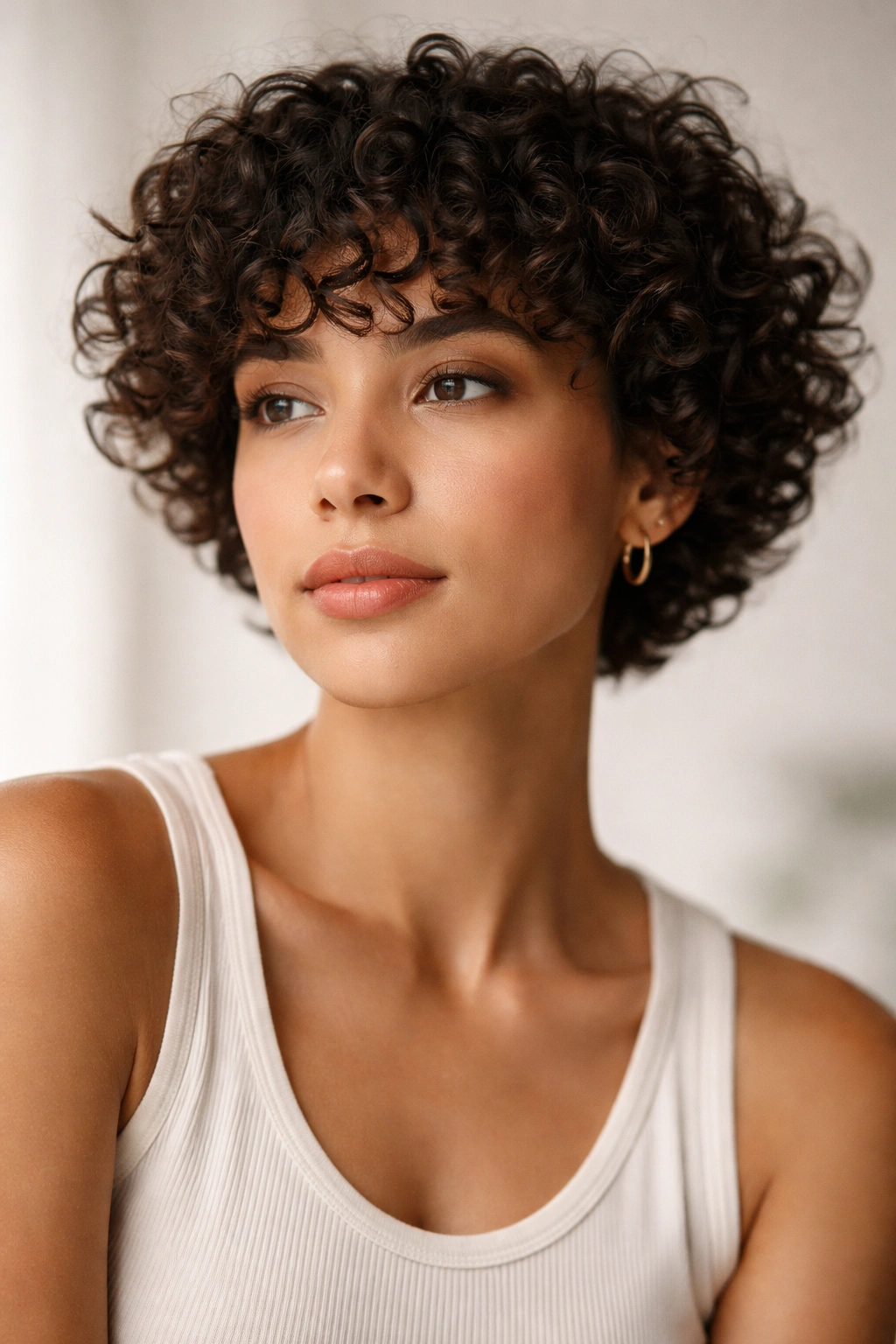 Portrait of a person with short haircut and curly bangs in a soft studio setting