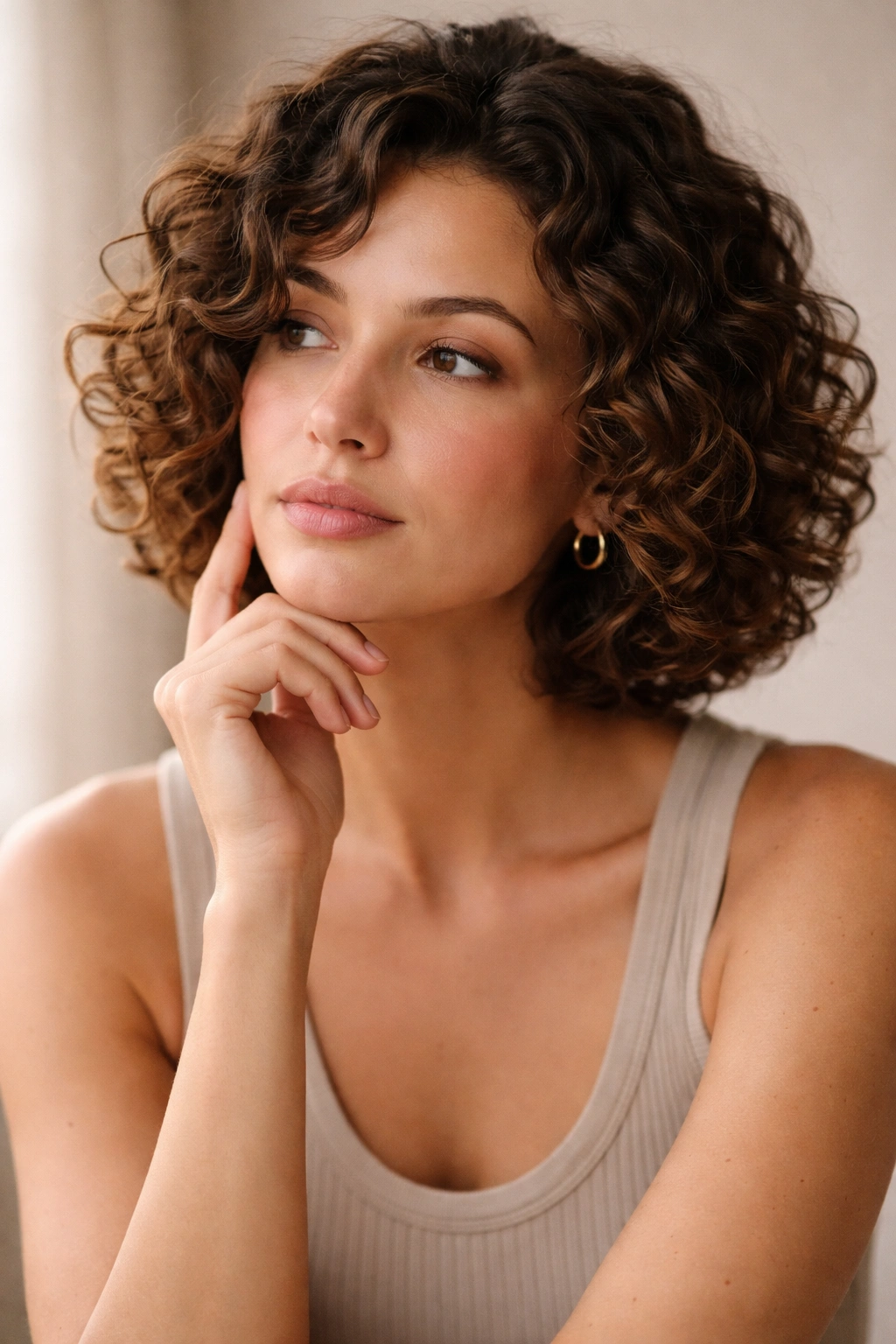 20 Curly Bob Haircuts That Flatter Every Face 21 Thoughtful portrait of a person with a curly bob against a neutral backdrop