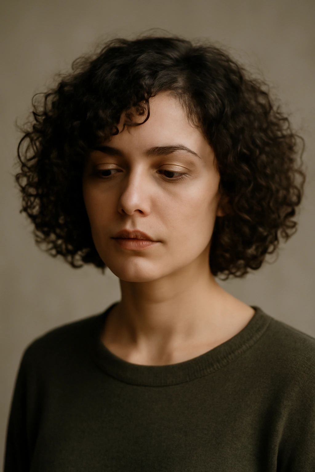 Thoughtful portrait of a person with a curly bob, reflecting on hairstyle choices.