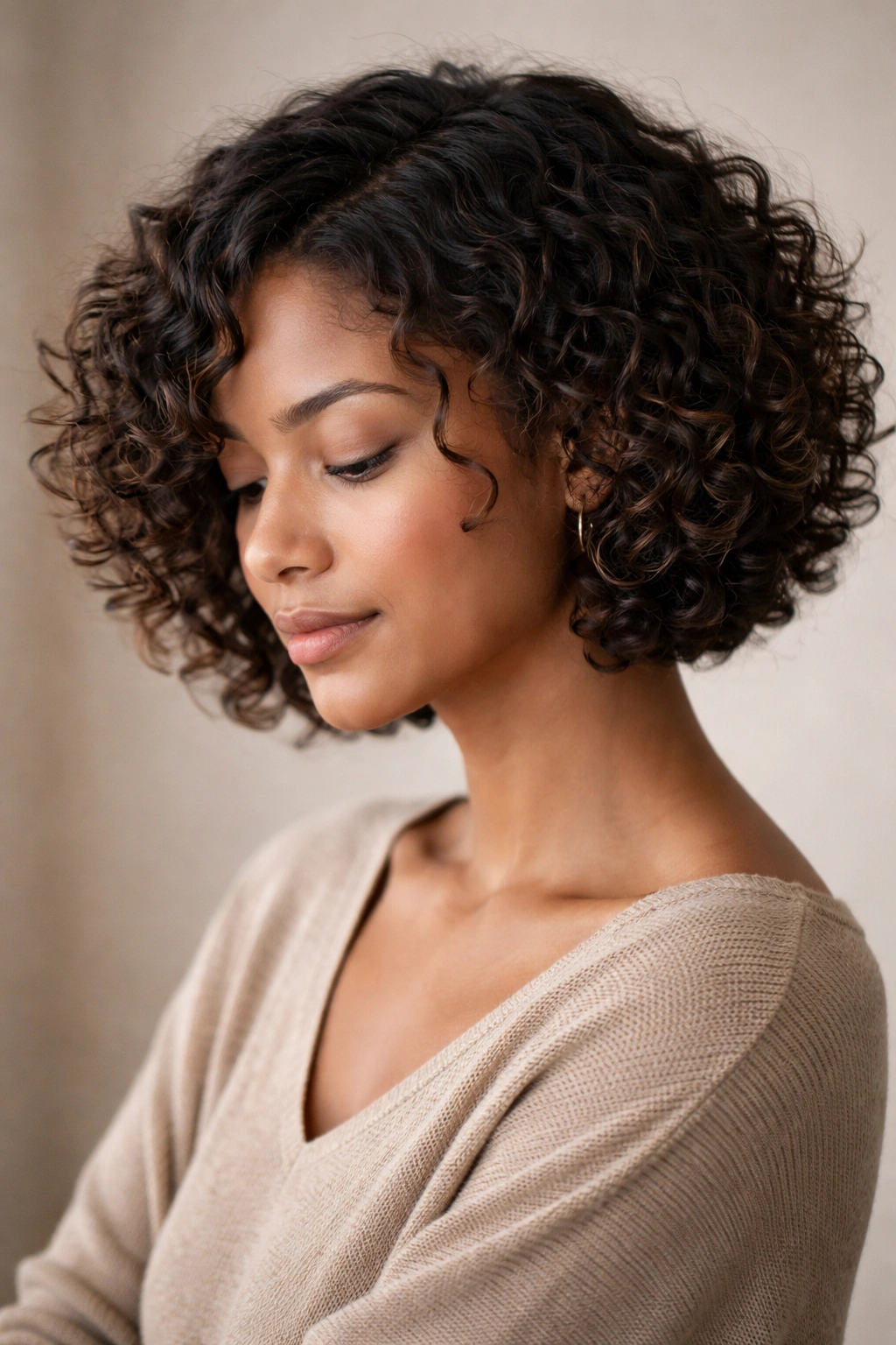Contemplative portrait of a person with a curly bob, highlighting natural texture
