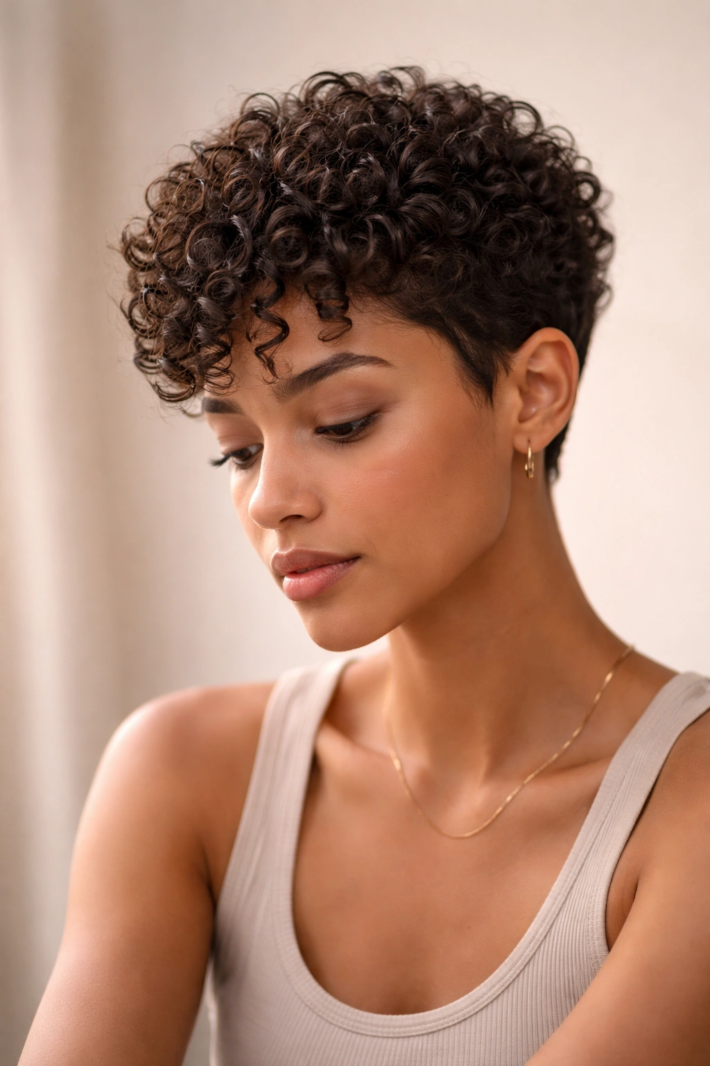 Contemplative portrait of a person with a curly crop haircut