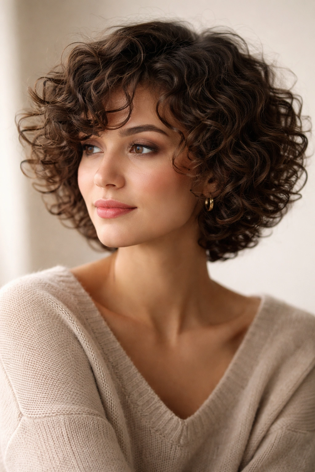 Thoughtful portrait of a person with a curly layered short cut