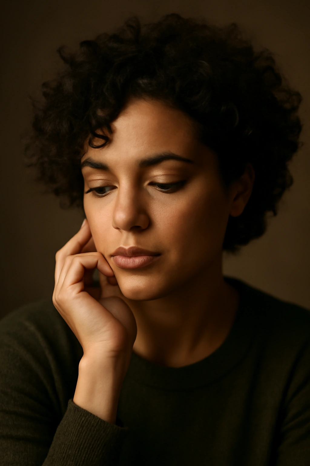 Thoughtful woman with short curly hair in a contemplative pose