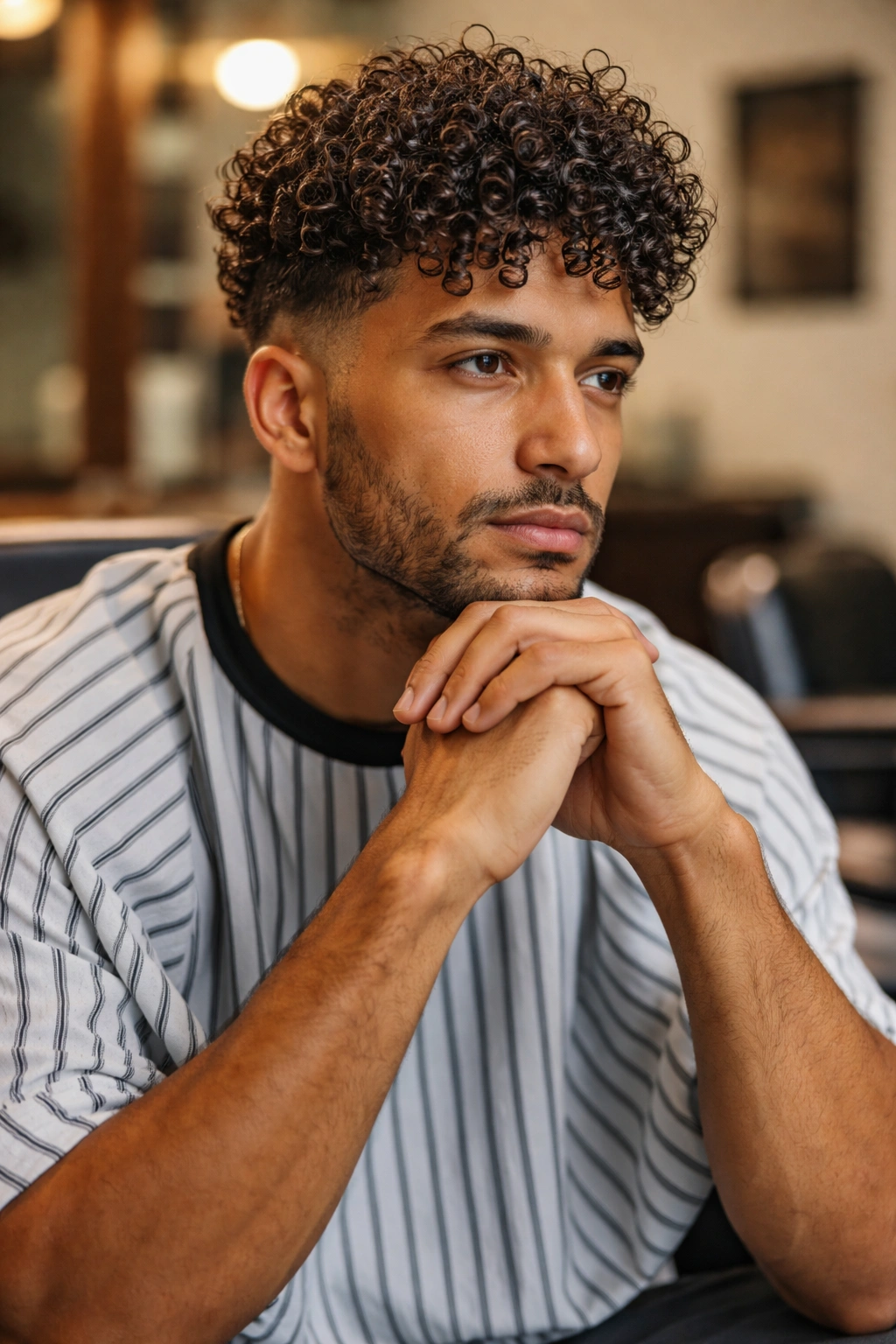 12 Haircuts For Men With Naturally Curly Hair 13 Portrait of a man with natural curly hair in a barber chair, contemplating hairstyle choices