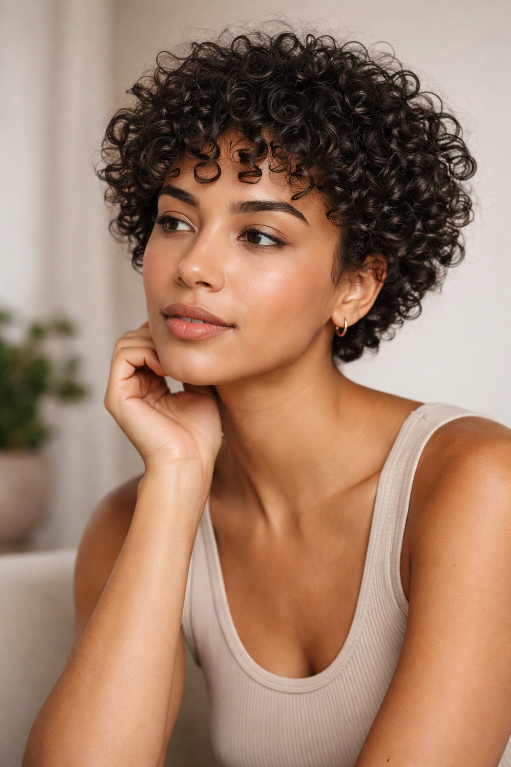 Close-up portrait of a person with short curly hair and a thoughtful expression in a neutral studio