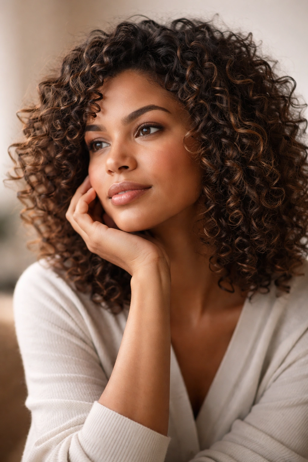 Thoughtful portrait of a person with curly hair
