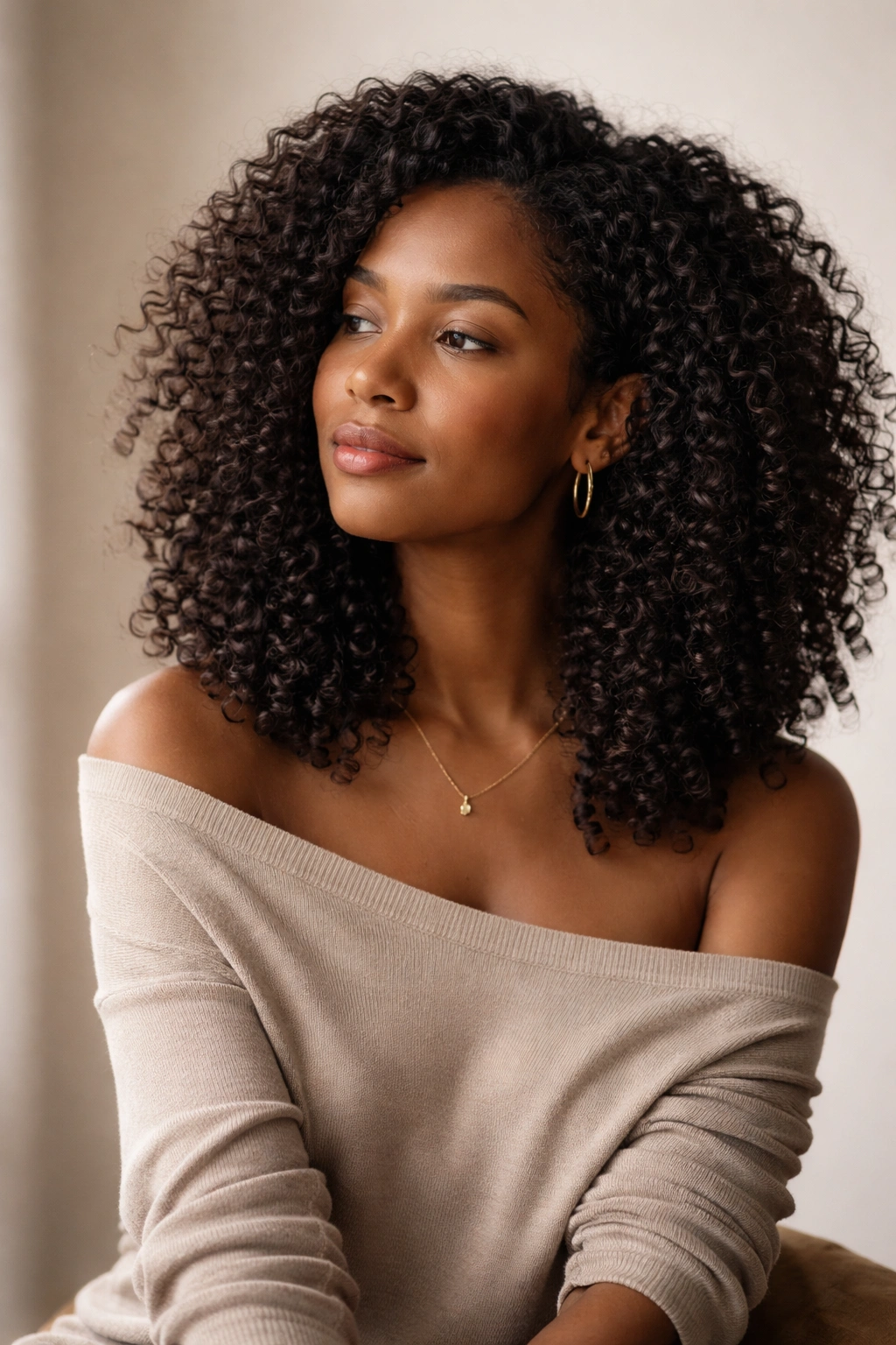 25 Natural Hairstyles For Coily And Curly Textures 26 Portrait of a person with natural curly hair in a thoughtful pose