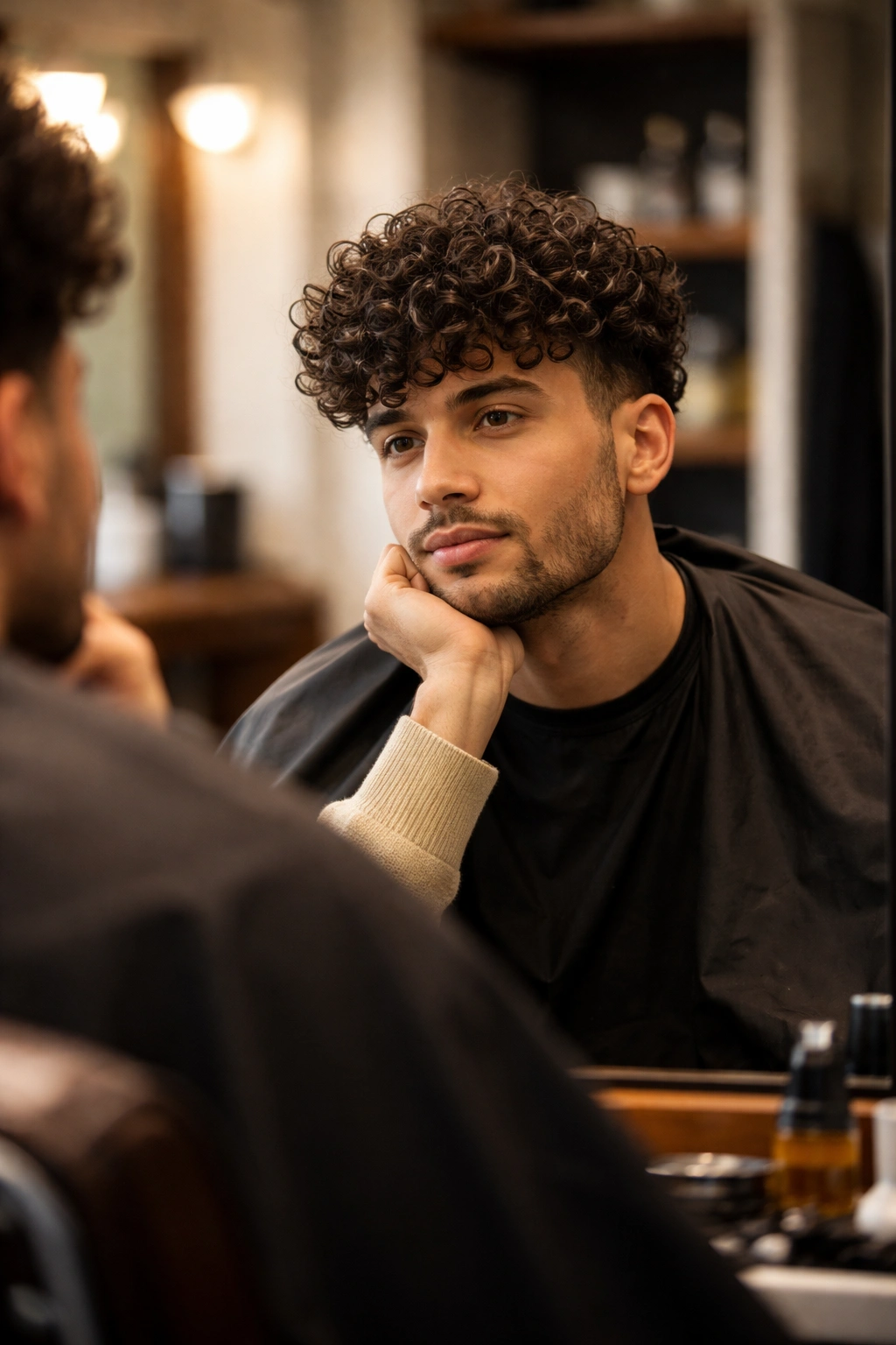Man in barber chair contemplating his curly haircut in mirror