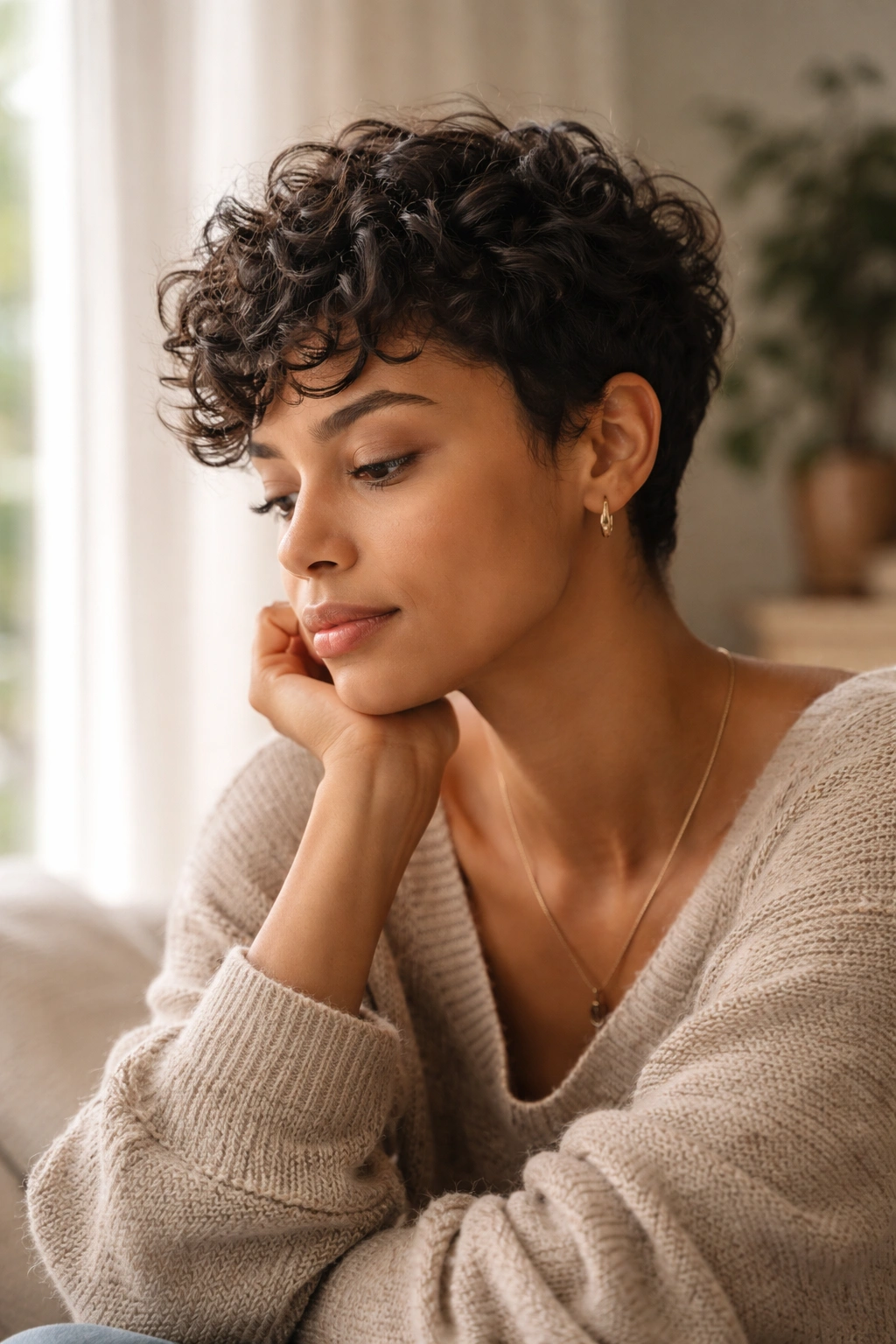 Thoughtful portrait of a person with a curly pixie cut in a calm setting