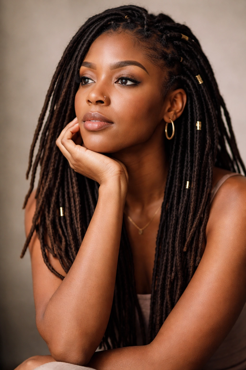 Contemplative portrait of a person with dreadlocks reflecting on hair journey.