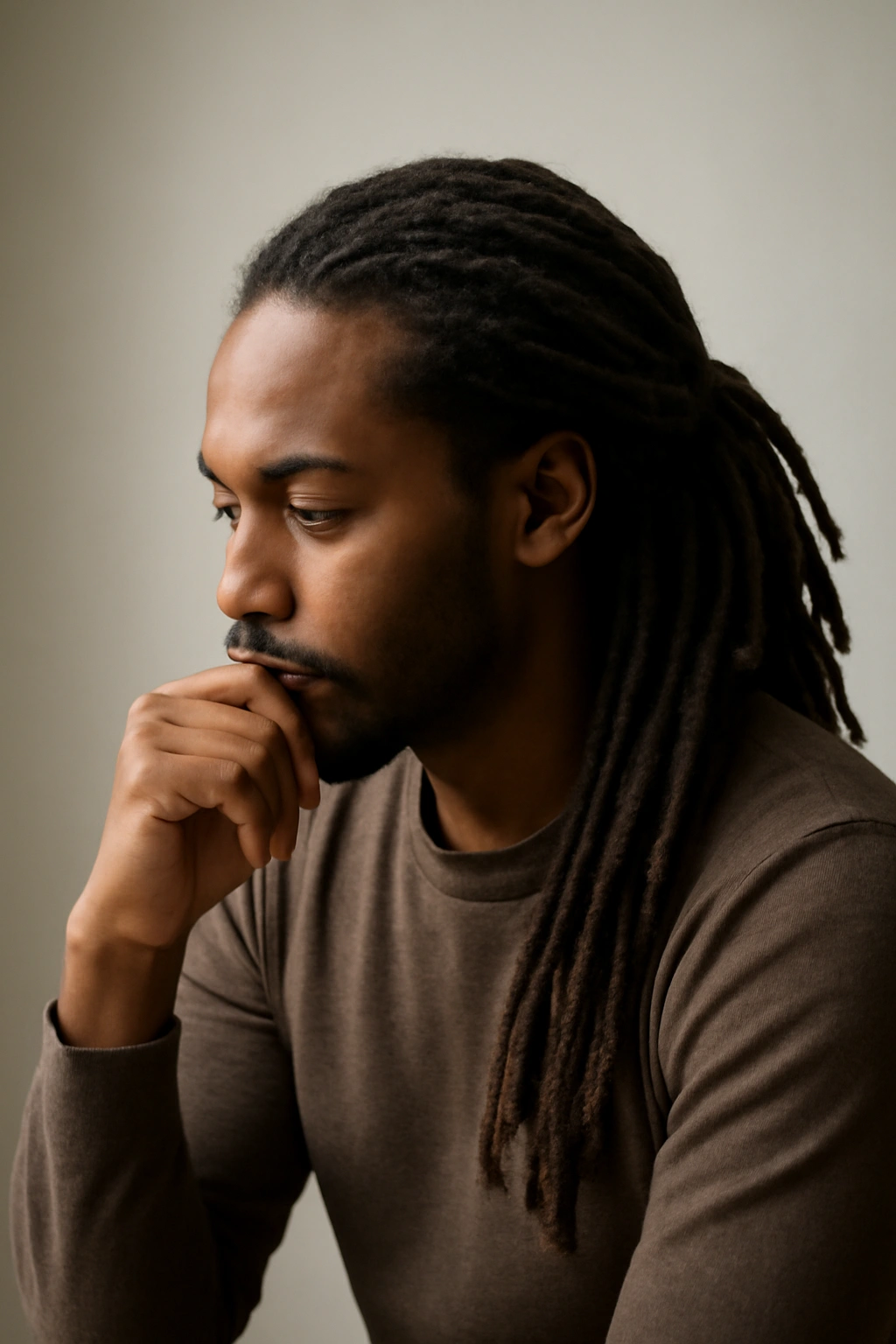 18 Dreadlock Styles Sorted From Short to Long 19 Contemplative person with dreadlocks in a minimal studio, symbolizing final thoughts on the loc journey